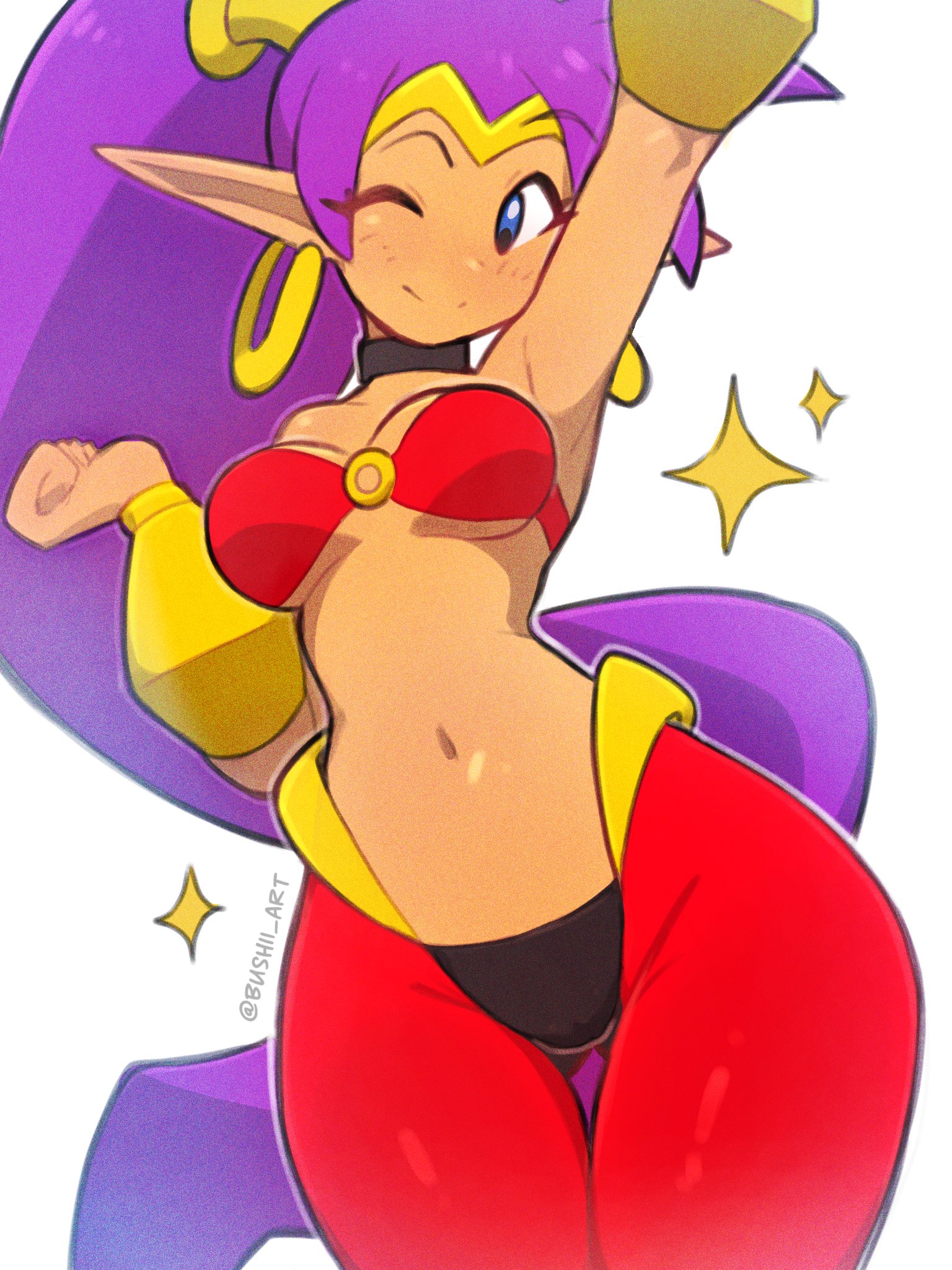 1girls, armpit, belly dancer, belly dancing, big ass, big breasts, blue eyes, bra, breasts, bushii, bushii (bo0xhy), elf ears, exposed midriff, female, female focus, female only, genie, genie girl, half-genie, hoop earrings, long hair, looking at viewer, midriff, one eye closed, purple hair, raised arm, red bra, shantae, shantae (character), smile, solo, solo female, solo focus, white background, wide hips