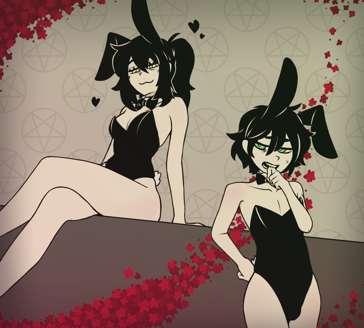 1boy, 1boy1girl, 1femboy, 1girl1boy, 1girls, andrew graves, black hair, blush, cute, cute face, cutie mark, dress, female, femboy, flower, green eyes, hand on mouth, heart, heart symbol, imminent anal, imminent fellatio, imminent oral, imminent orgasm, imminent penetration, imminent sex, imminent vaginal, in love, legs, legs crossed, lingerie, looking at viewer, looking pleasured, male, male/female, mother, mother and child, mother and son, open mouth, penis, rabbit, rabbit ears, rabbit tail, renee graves, sitting, sweating, the coffin of andy and leyley, vagina