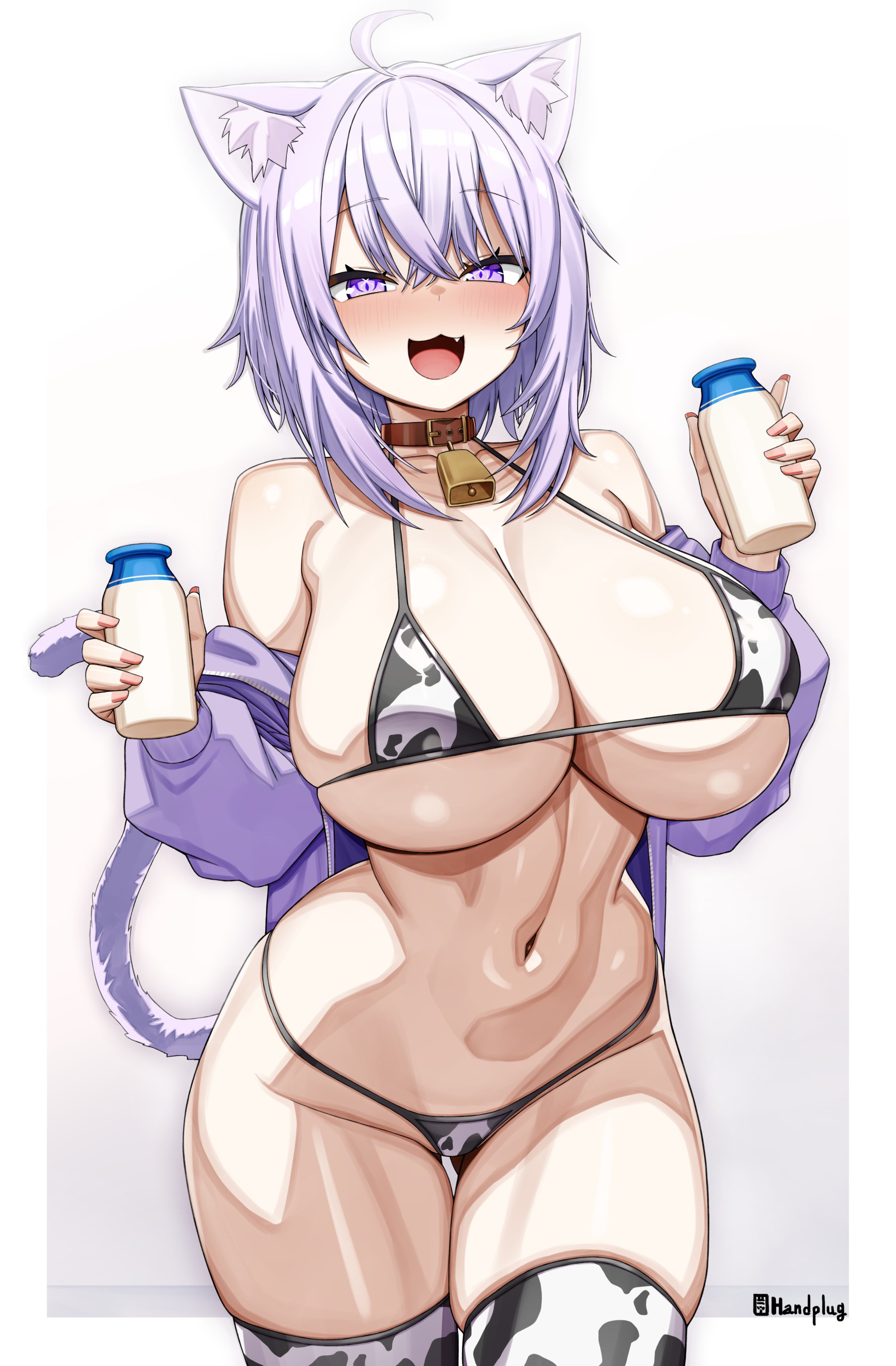 :3, :d, 1girls, bell, bikini, blush, cat girl, choker, cleavage, collar, cow bell, cow bell collar, cow print, cow print bikini, cow print thighhighs, curvy, female, female only, handplug, holding milk, hololive, huge breasts, long fingernails, long nails, looking at viewer, micro bikini, milk bottle, nail polish, nekomata okayu, nose blush, painted fingernails, painted nails, revealing clothes, signature, skimpy clothes, skindentation, thick thighs, thighhighs, virtual youtuber, voluptuous, wide hips