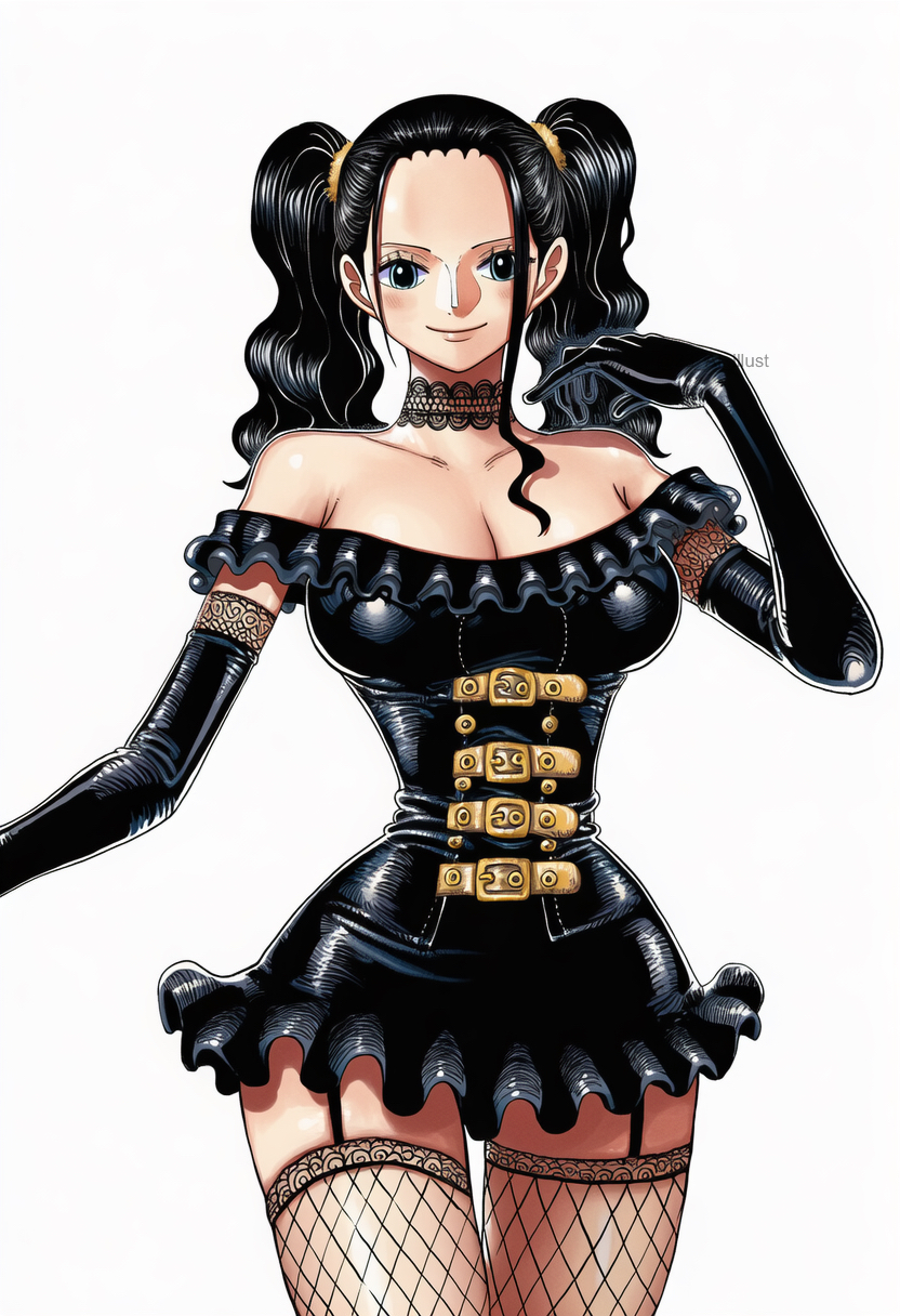 1girls, 23 ai illust, ai generated, big breasts, black dress, black gloves, black hair, black-haired female, choker, cleavage, corset, dress, elbow gloves, female, female only, fishnet legwear, fishnet stockings, fishnets, fit, fit female, garter straps, gloves, goth, goth dress, goth girl, hourglass figure, lace choker, latex gloves, long hair, looking at viewer, manga style, nico robin, one piece, short dress, simple background, twintails, white background