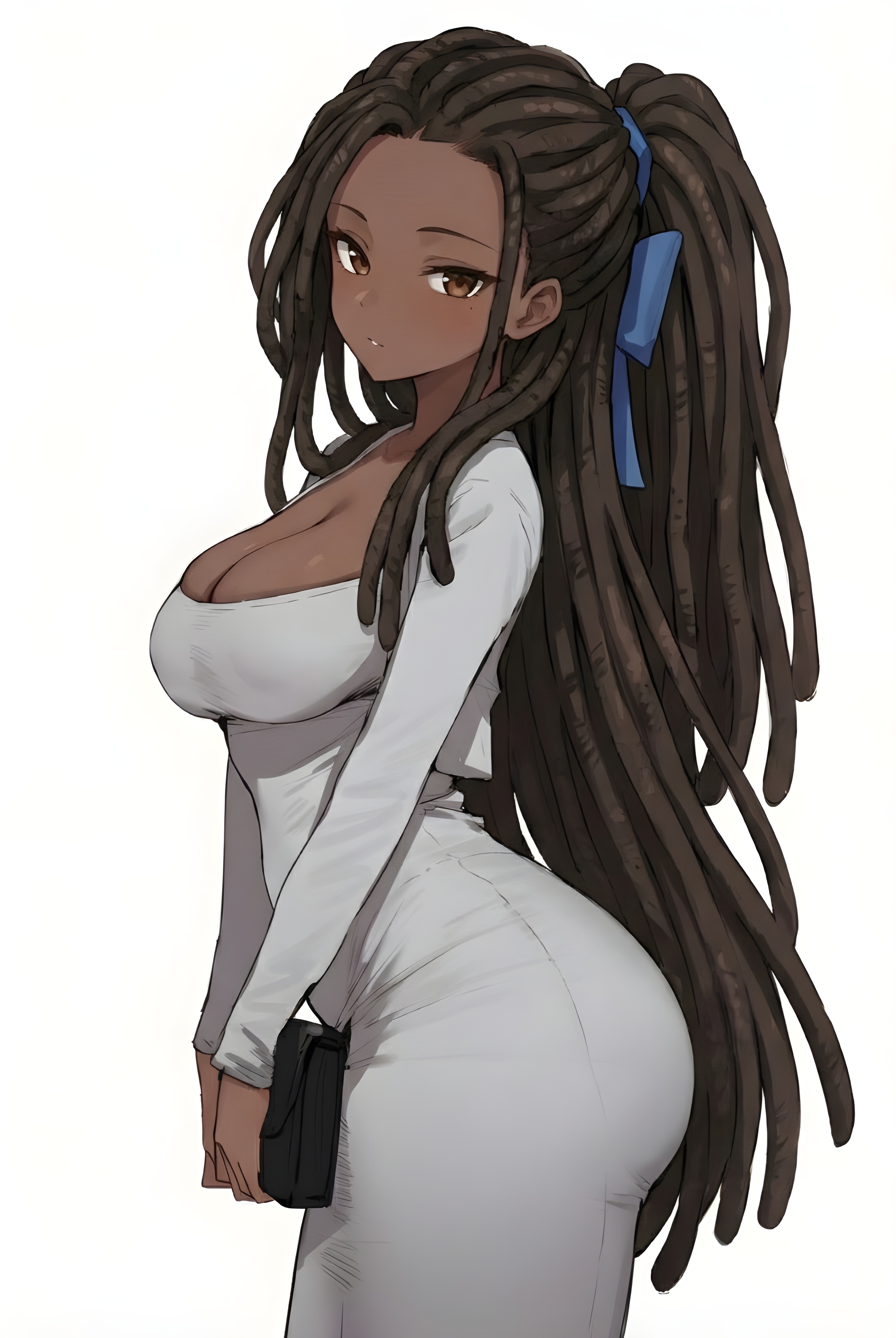 1girls, african female, ai generated, big ass, big breasts, black woman, brown eyes, brown hair, cleavage, dark skin, dark-skinned female, dongtan dress, dreadlocks, dress lift, female, female only, grey dress, hair bow, hairbow, long hair, looking at viewer, original, original characters, pony, side view, solo, solo female, view from the side