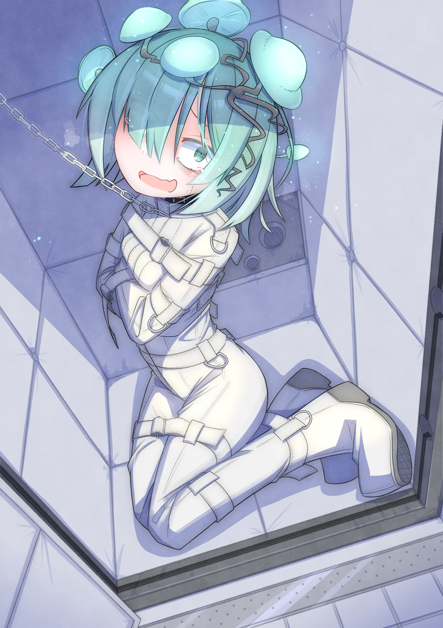 aqua eyes, aqua hair, asylum, chain leash, collar, crossed arms, full body suit, gagged, long term bondage, menou 74, mushroom girl, mushroom on head, original, padded cell, padded room, padded walls, prison cell, prisoner, small breasts, straitjacket, tearing up, white bodysuit, wide eyed