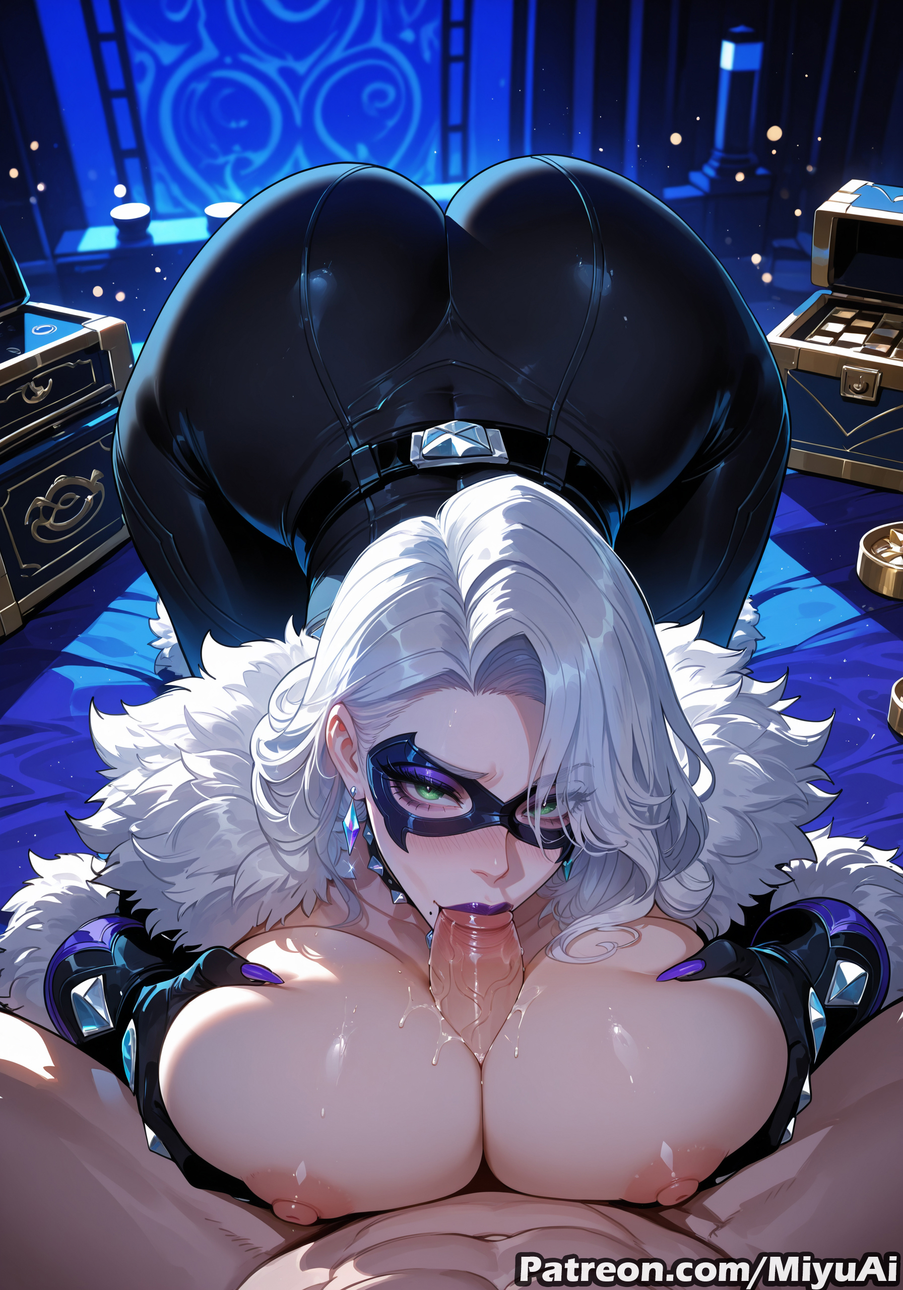 1boy, 1girl, ai assisted, ai generated, ass, bent over, black bodysuit, black cat (marvel rivals), black cat (marvel), bodysuit, breast grab, breast press, breast squeeze, breasts, breasts out, curvaceous, curvy, curvy female, curvy figure, felicia hardy, fellatio, female, fur collar, fur trim, green eyes, hetero, huge breasts, jewelry, large breasts, looking at viewer, makeup, marvel, marvel comics, marvel rivals, miyuai, naughty face, nipples, oral, paizufella, paizuri, penis, pov, silver hair, smile, solo focus, spider-man (series), squeeze, squeezing, squeezing breast, squeezing breasts together, thick, thick ass, thick butt, thick hips, thick legs, thick thighs, top-down bottom-up, uncensored, voluptuous, voluptuous female, white hair, wide hips, wide thighs