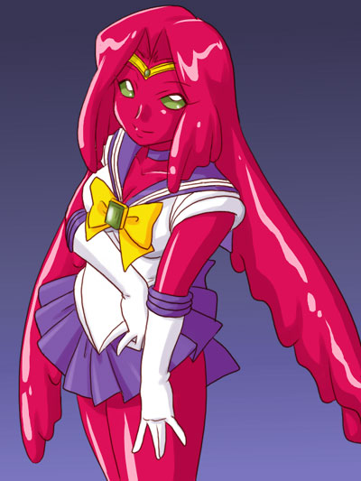 1girls bishoujo_senshi_sailor_moon black_moon breasts choker clothing droids elbow_gloves female humanoid jamanen long_hair looking_at_viewer monster_of_the_day purple_bonus red_skin sailor_moon_(cosplay) sailor_senshi_uniform skirt slime slime_girl small_breasts solo tagme tiara villainess