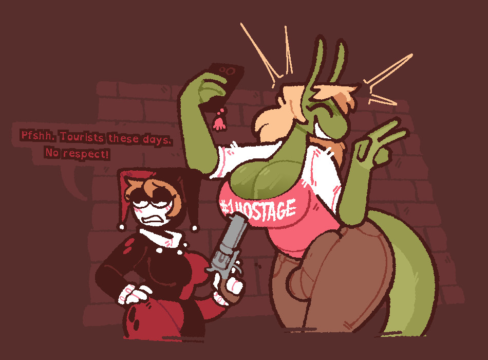 1futa, 1girls, alien, alien girl, background, balls, big ass, big breasts, big penis, blonde hair, breasts, bulge, clothed, clothing, dc, dc comics, duo, english text, erection under clothes, female, fully clothed, futanari, gun, gunpoint, harley quinn, harley quinn (classic), hostage, huge breasts, human, humanoid, intersex, oc, original character, pavizi (xenopavilia), penis, size difference, tail, taking hostage, taking picture, testicles, text, thick thighs, trans woman, transfem, wide hips, xenopavilia