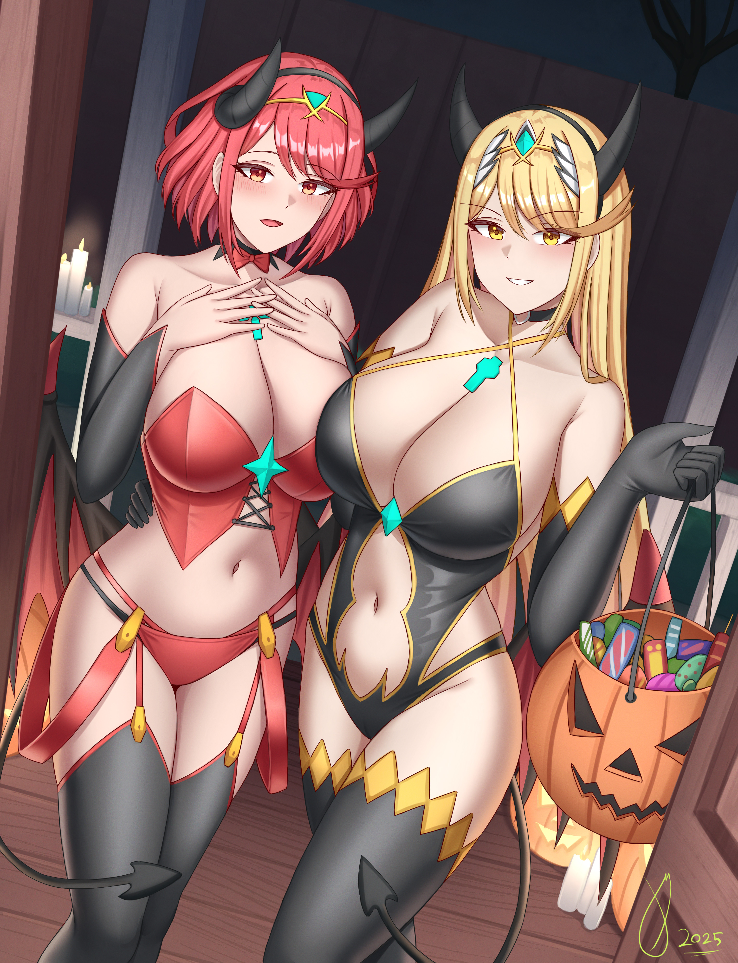 2girls, absurd res, big breasts, black horns, black leotard, blonde hair, blush, breasts, candy, chest jewel, core crystal (xenoblade), cowboy shot, demon girl, demon horns, demon wings, eyelashes, female, food, ghonky, halloween, halloween bucket, high res, horns, indoors, leotard, long hair, low wings, multiple females, multiple girls, mythra, open door, panties, pyra, red eyes, red hair, red panties, red vest, short hair, tiara, underwear, vest, wings, xenoblade (series), xenoblade chronicles 2, yellow eyes
