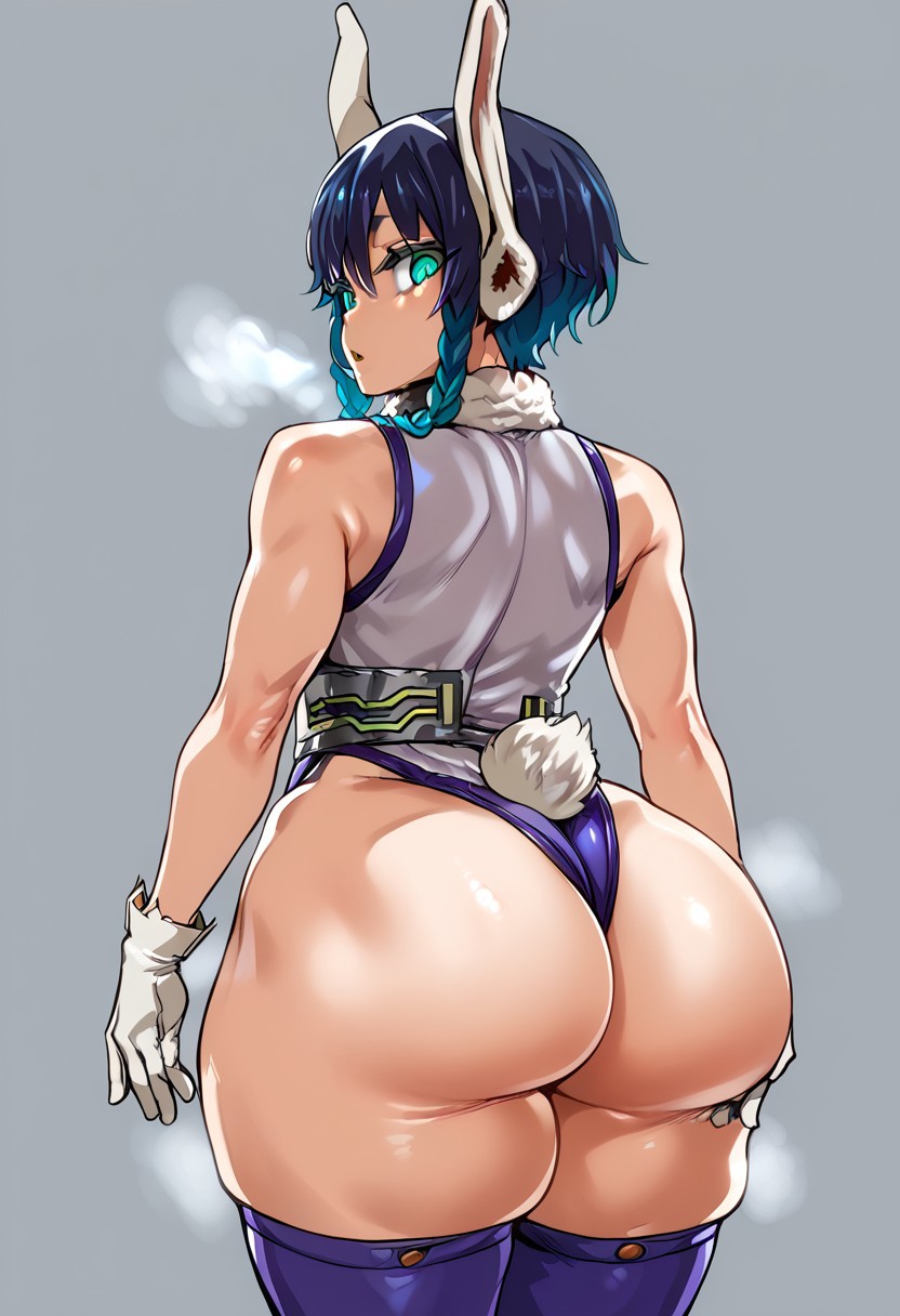 1boy, 1femboy, ai generated, alternate version available, ass, ass support, blue legwear, breasts, bunny ears, cosplay, crossdressing, crossplay, dankyl, femboy, feminine male, genshin impact, girly, highleg leotard, huge breasts, legwear, leotard, light-skinned male, looking at viewer, looking back, male, male only, miruko (cosplay), my hero academia, open mouth, rabbit ears, solo, standing, steaming body, steamy breath, thick thighs, thighs, trap, venti (genshin impact), wide hips