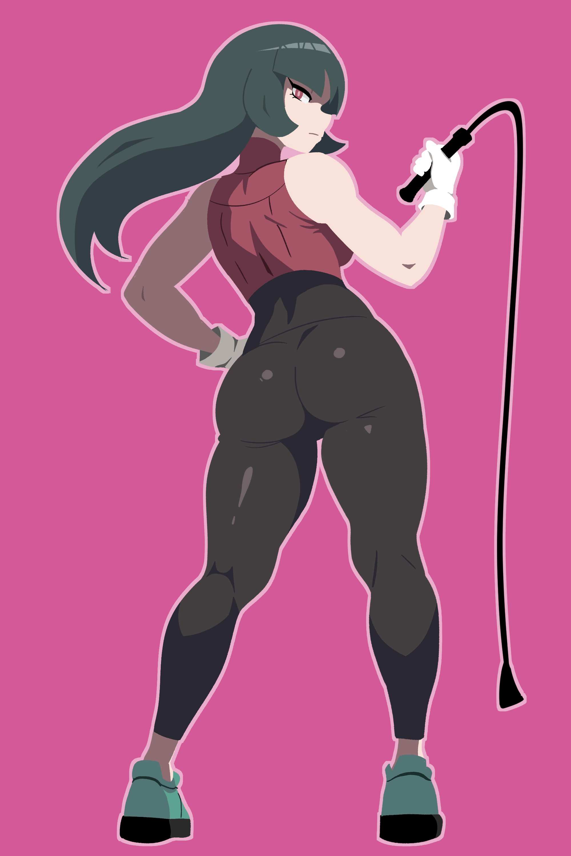 1girls, 2025, ass, aussy, back view, bangs, blunt bangs, breasts, clothed, clothed female, clothing, curvaceous, curvy, female, footwear, fully clothed, gloves, green hair, hair, hand on hip, handwear, hi res, human, leggings, light skin, light-skinned female, long hair, looking at viewer, looking back, looking back at viewer, medium breasts, pokemon, red eyes, sabrina (pokemon frlg), sabrina (pokemon lgpe), sabrina (pokemon), shoes, simple background, skin tight, sleeveless, sneakers, solo, standing, thighs, whip, white gloves