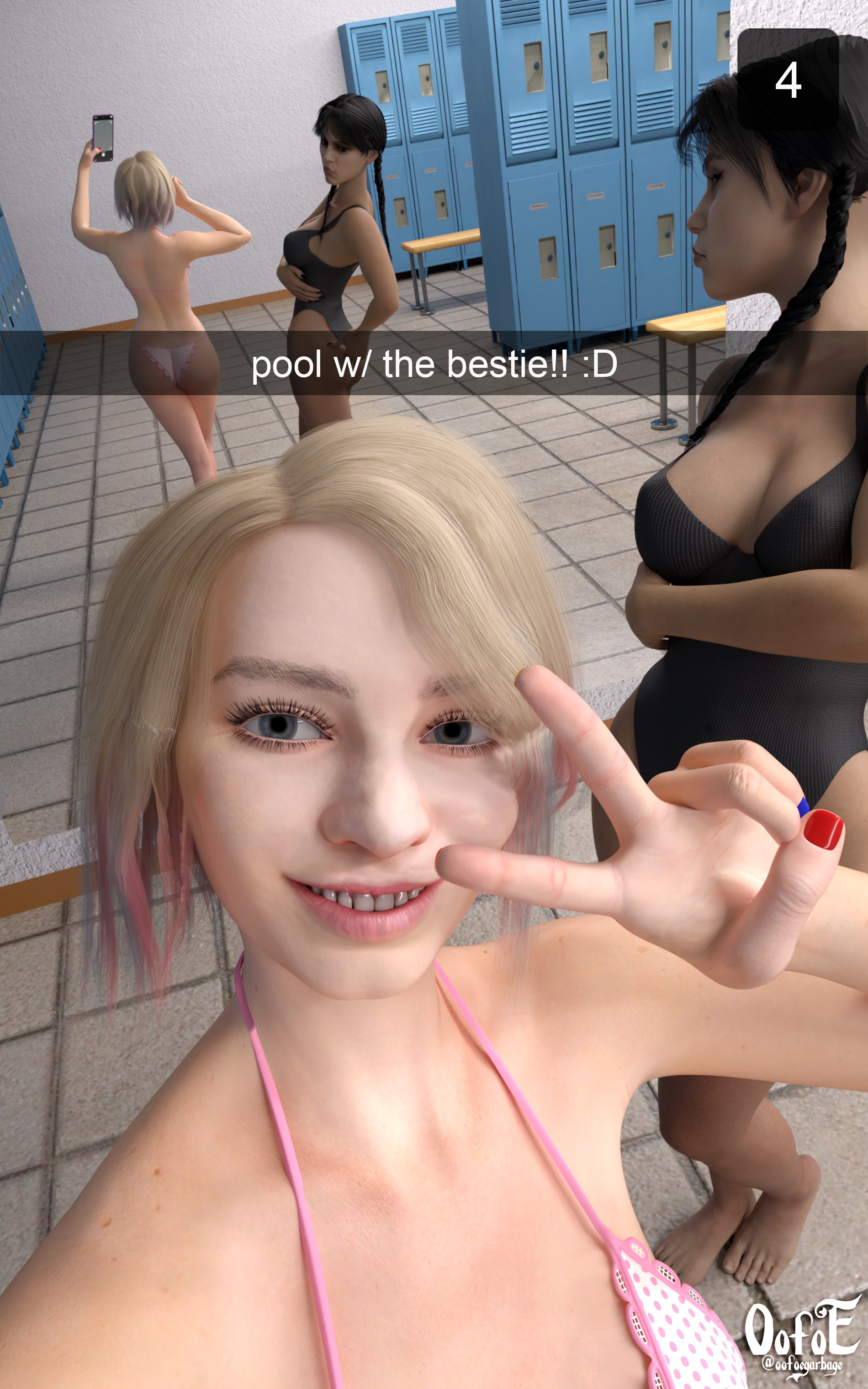 2girls, 3d, 3d (artwork), 3d render, ass, ass grab, bikini, black hair, blonde hair, blue hair, braid, braided hair, braided twintails, braids, bubble butt, busty, daz, daz studio, dyed hair, dyed-hair, emma myers, enid sinclair, female, female focus, female only, grabbing own ass, hourglass figure, jenna ortega, latina, mirror, mirror reflection, mirror selfie, oofoe, painted nails, peace sign, pinching ass, pink hair, selfie, short hair, smiling, smiling at viewer, snapchat, taking picture, teenage female, teenager, the addams family, three-tone hair, wednesday (netflix), wednesday addams, weight conscious, wide hips, worried, worried expression