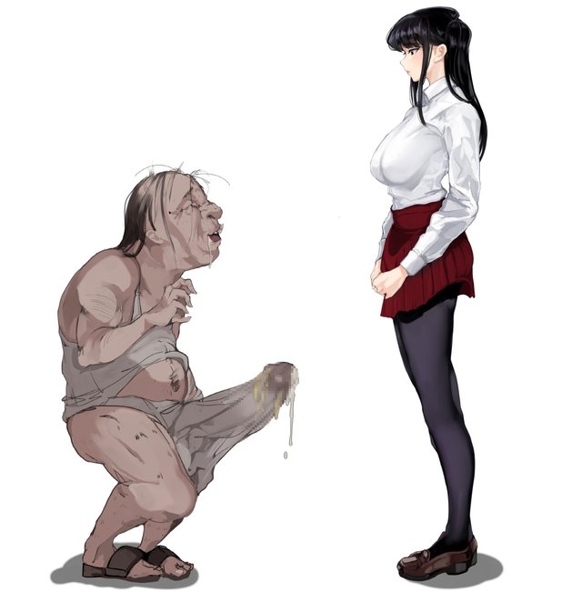 big breasts, breasts, change in common sense, cheating, cheating girlfriend, cheating wife, cuckold, dark-skinned male, duo, erect penis, erection, erection under clothes, female, komi shouko, komi-san wa komyushou desu, lowres, male, mamimi (artist), mamimi (mamamimi), netorare, old male, old man, older male, older male and younger female, penis, school uniform, schoolgirl, ugly, ugly bastard, ugly man, unaware hypnosis