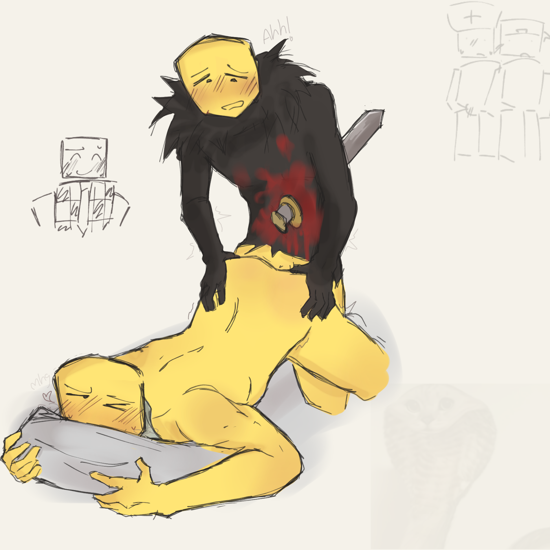 2boys, artist request, devesto, die of death (roblox), gore, male, mequot, roblox, roblox game, robloxian, tagme, yaoi, yellow body