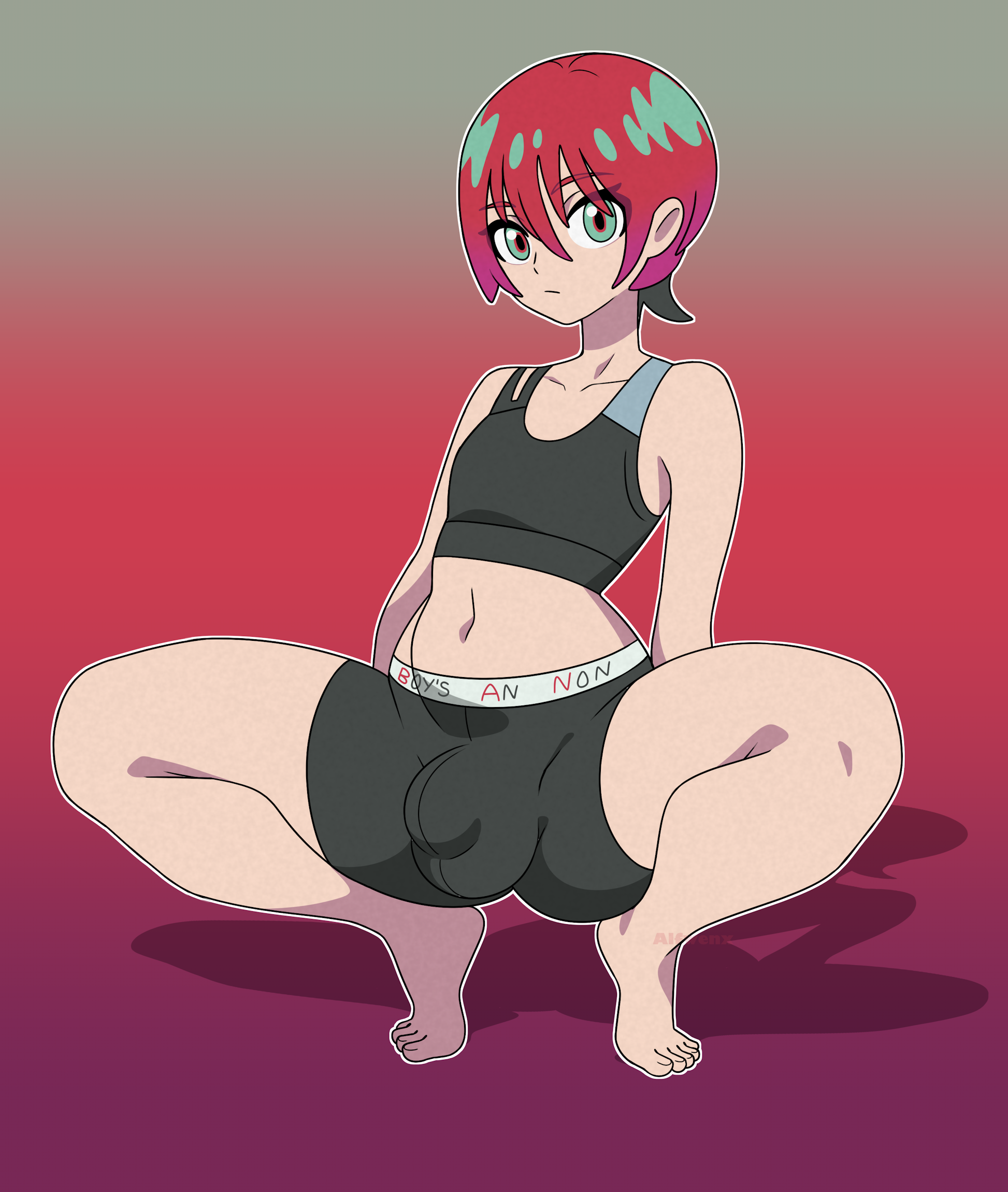 alfwenx, amate yuzuriha, bulge, commissioner upload, femboy, femboy only, gradient background, gundam, gundam gquuuuuux, hung femboy, hung trap, male, male only, red hair, rule 63, rule63, spats, squatting, tagme, teal eyes, trap