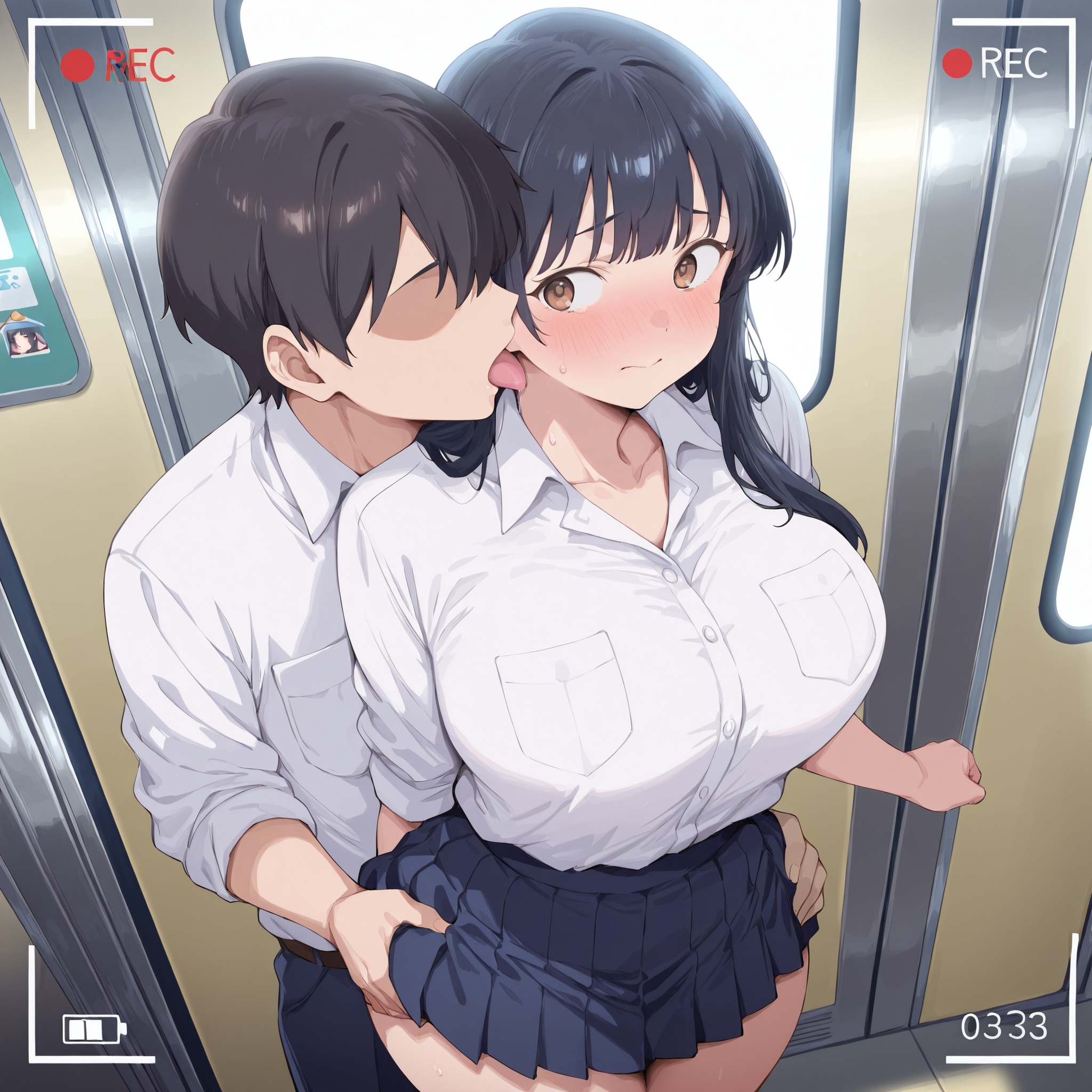 ai generated, ass, big breasts, black hair, boku no kokoro no yabai yatsu, breasts, breasts out, embarrassed, female, handles, long hair, male, school uniform, thick, thick ass, thick thighs, thighhighs, thighs, train, uniform, yamada anna