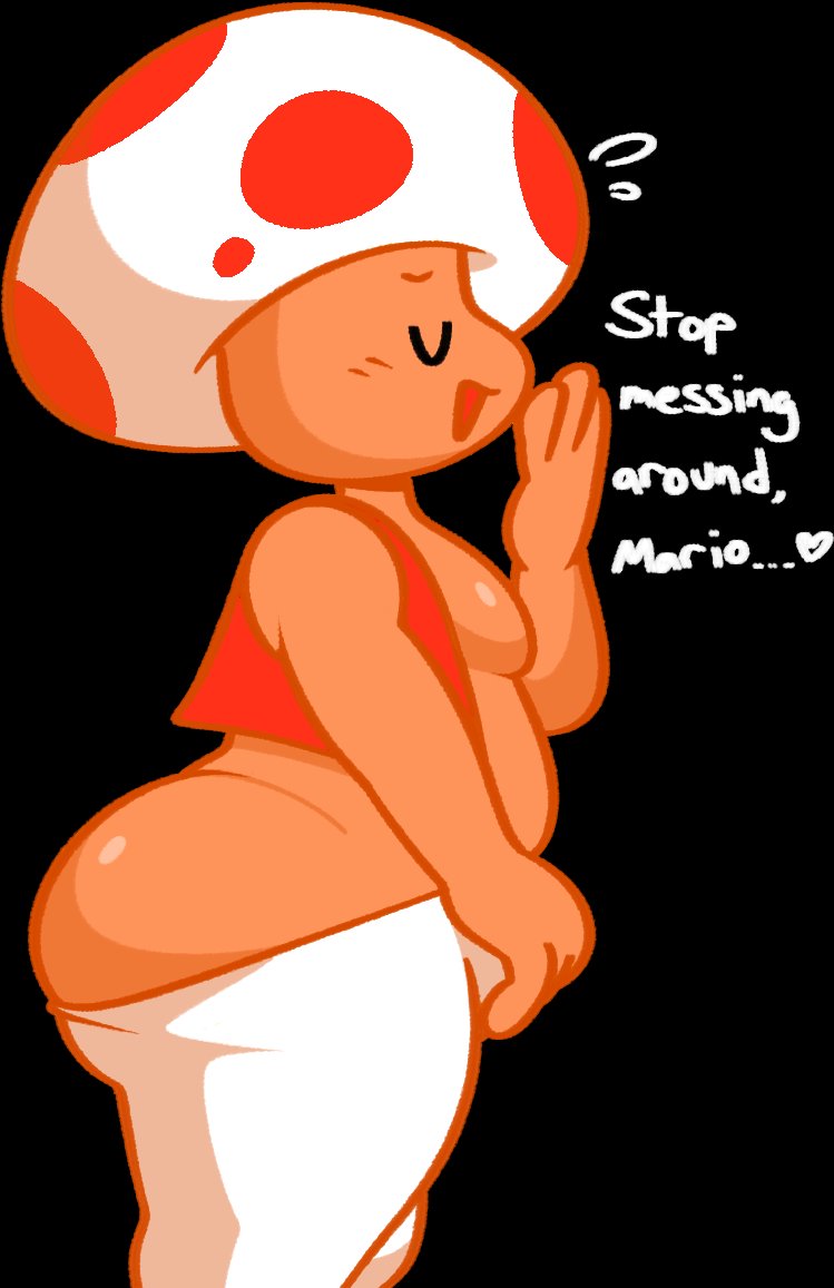 1boy, black background, blush, chubby femboy, chubby male, covering mouth, cute face, dark skin, dark-skinned femboy, dark-skinned male, dark-skinned sissy, dark-skinned twink, fat ass, femboy, flattered, girly, heart symbol, male, male only, mario (series), moobs, mushroom humanoid, nes toad (mario), nintendo, no shirt, orange skin, pants pulled down, red vest, smile, solo, super mario bros., super mario bros. (nes), tan body, tan skin, toad (mario), vilepluff, white pants