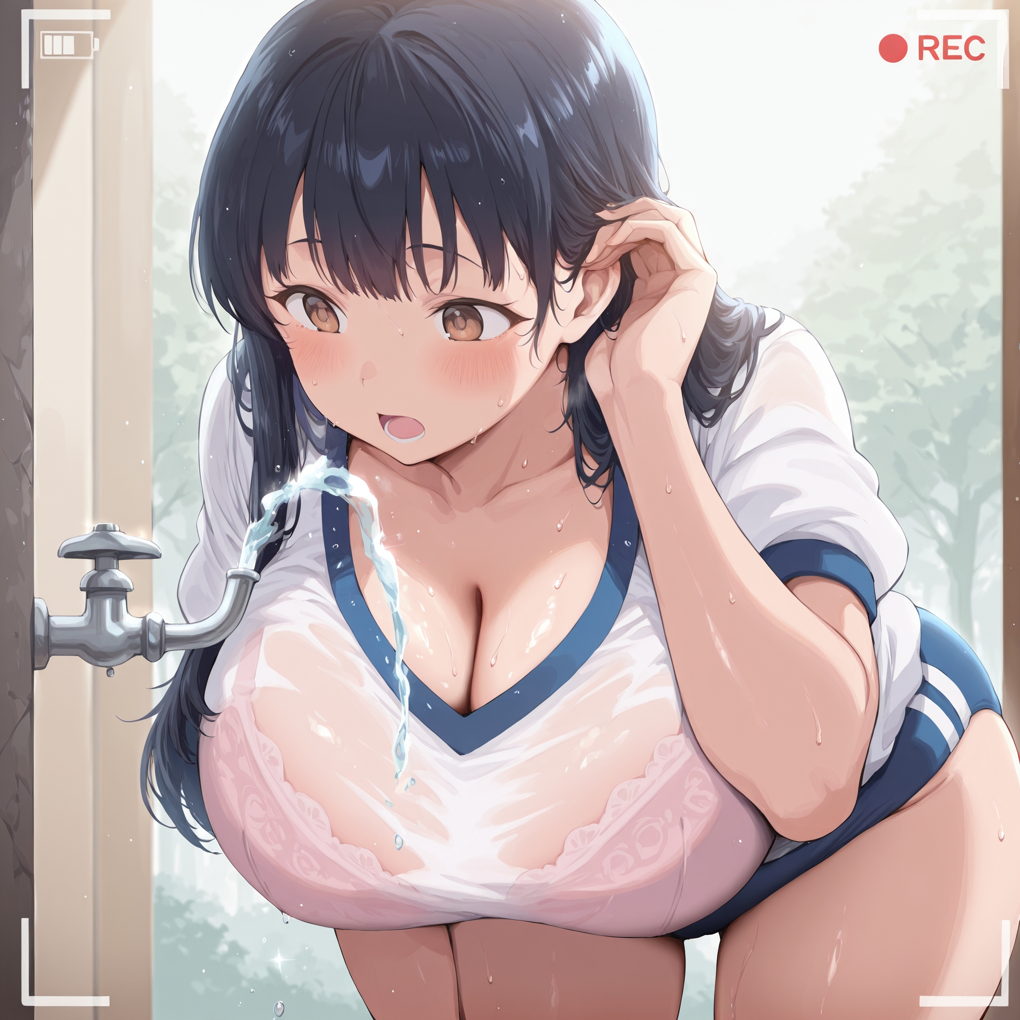 ai generated, ass, big breasts, black hair, boku no kokoro no yabai yatsu, breast grab, breasts, breasts out, doggy, doggy style, doggy style position, doggy style sex, doggystyle position, female, female only, gym, gym uniform, long hair, pomo, school uniform, solo, solo female, uniform, yamada anna