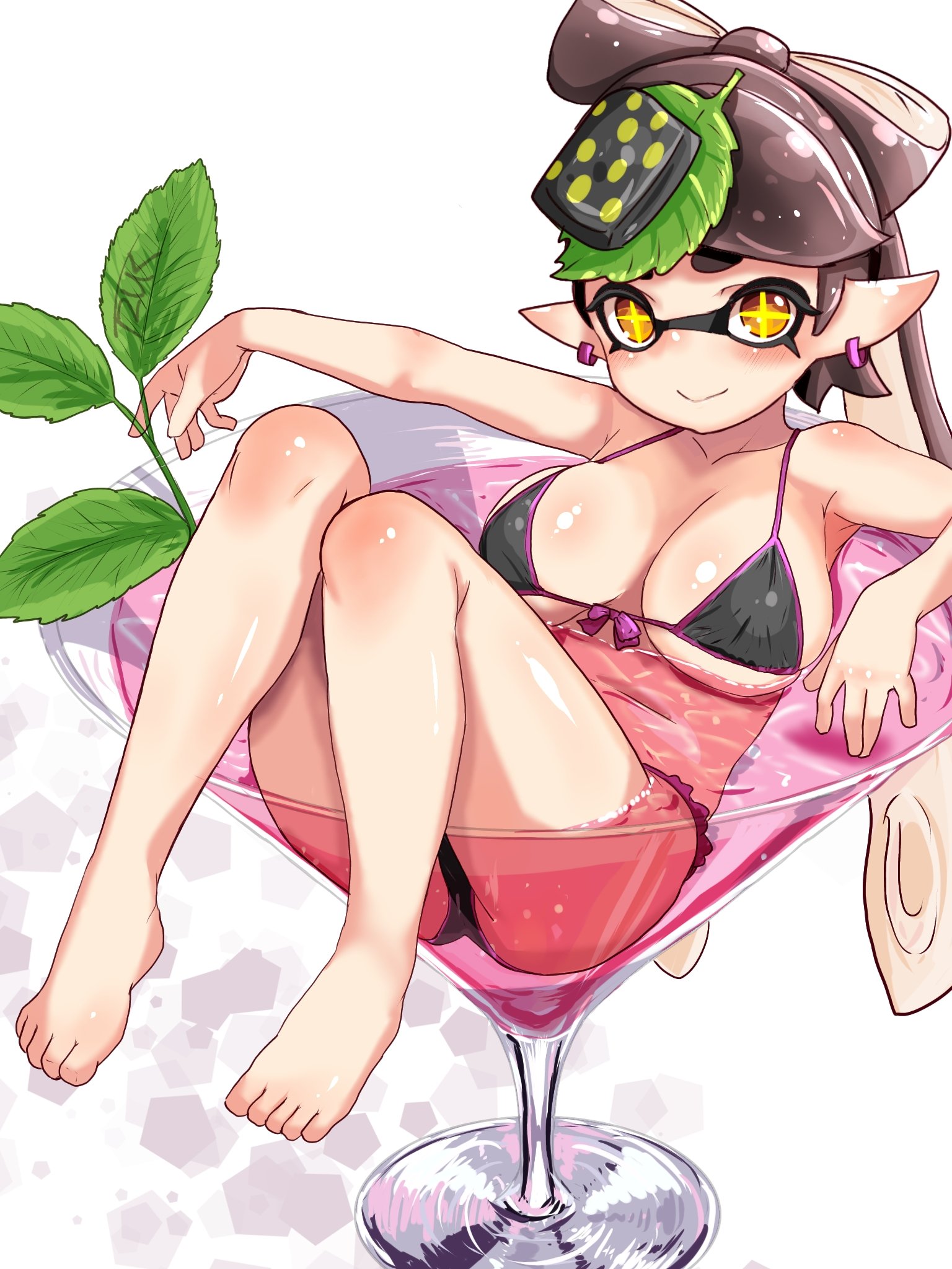 1girls, barefoot, bikini, black bikini, breasts, callie (alterna), callie (splatoon), cleavage, female, large breasts, long hair, looking at viewer, nintendo, pointy ears, splatoon, splatoon (series), splatoon 3, splatoon 3: return of the mammalians, t2ukmyjm, tentacle hair, wine, wine glass