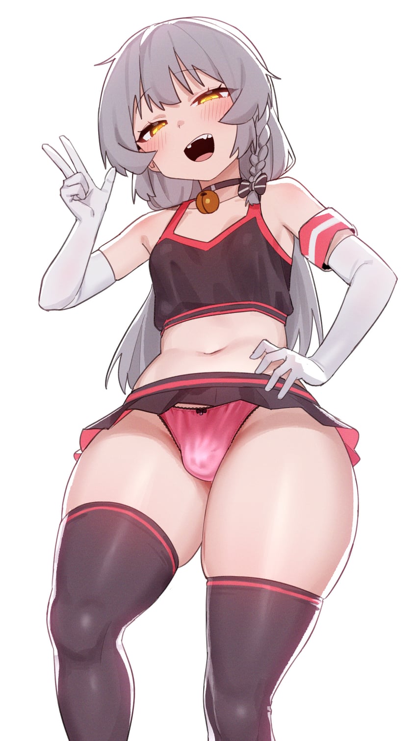 babydoll, belly button, bulge, bulge through clothing, choker, femboy, gloves (marking), gray hair, ikr (artist), looking at viewer, male, male only, miniskirt, panties, penis, small penis, solo, thick thighs, tongkkangi, tongkkangi (streamer), trap, virtual youtuber