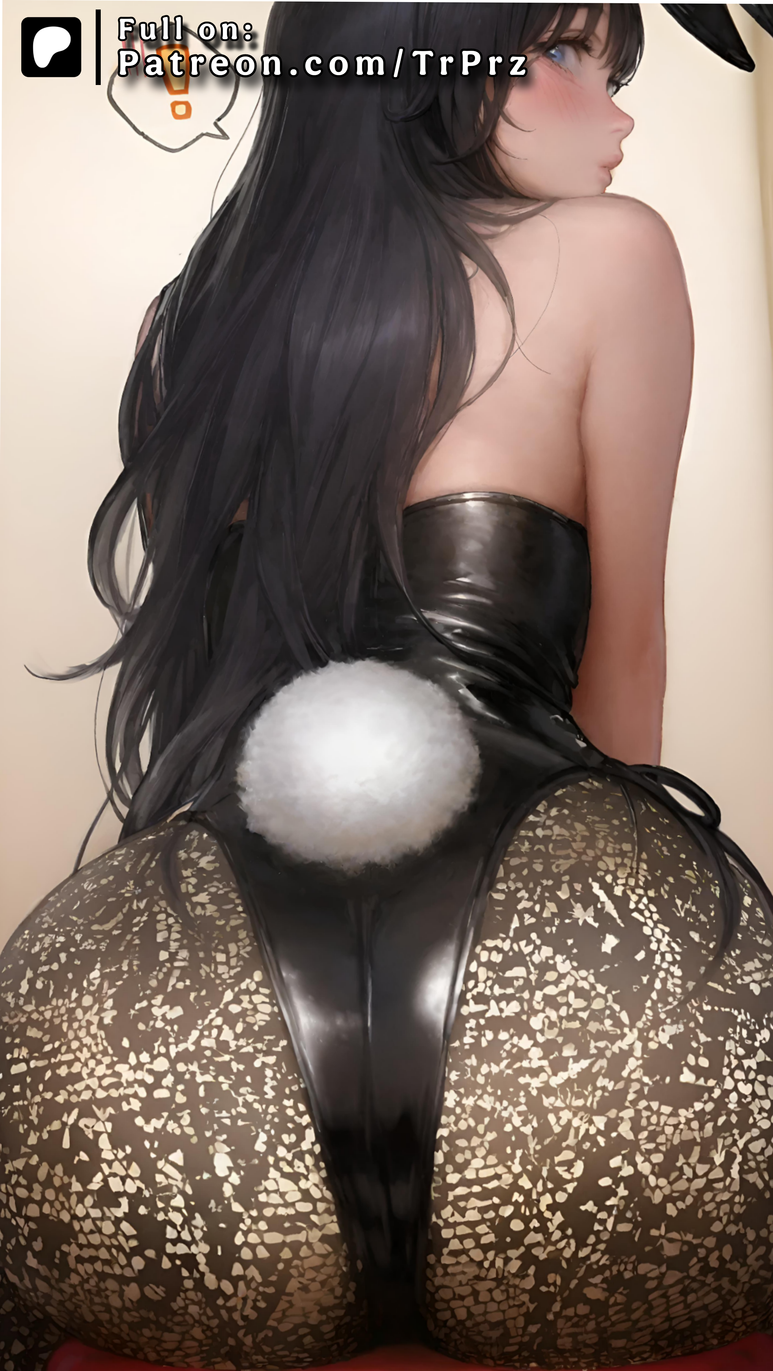 !, ai generated, ass, ass focus, black hair, blue eyes, bunny girl, bunny tail, bunnysuit, fake animal ears, female, female only, huge ass, kaoru hana wa rin to saku, long hair, looking back, pantyhose, presenting ass, sitting, trugprz, waguri kaoruko
