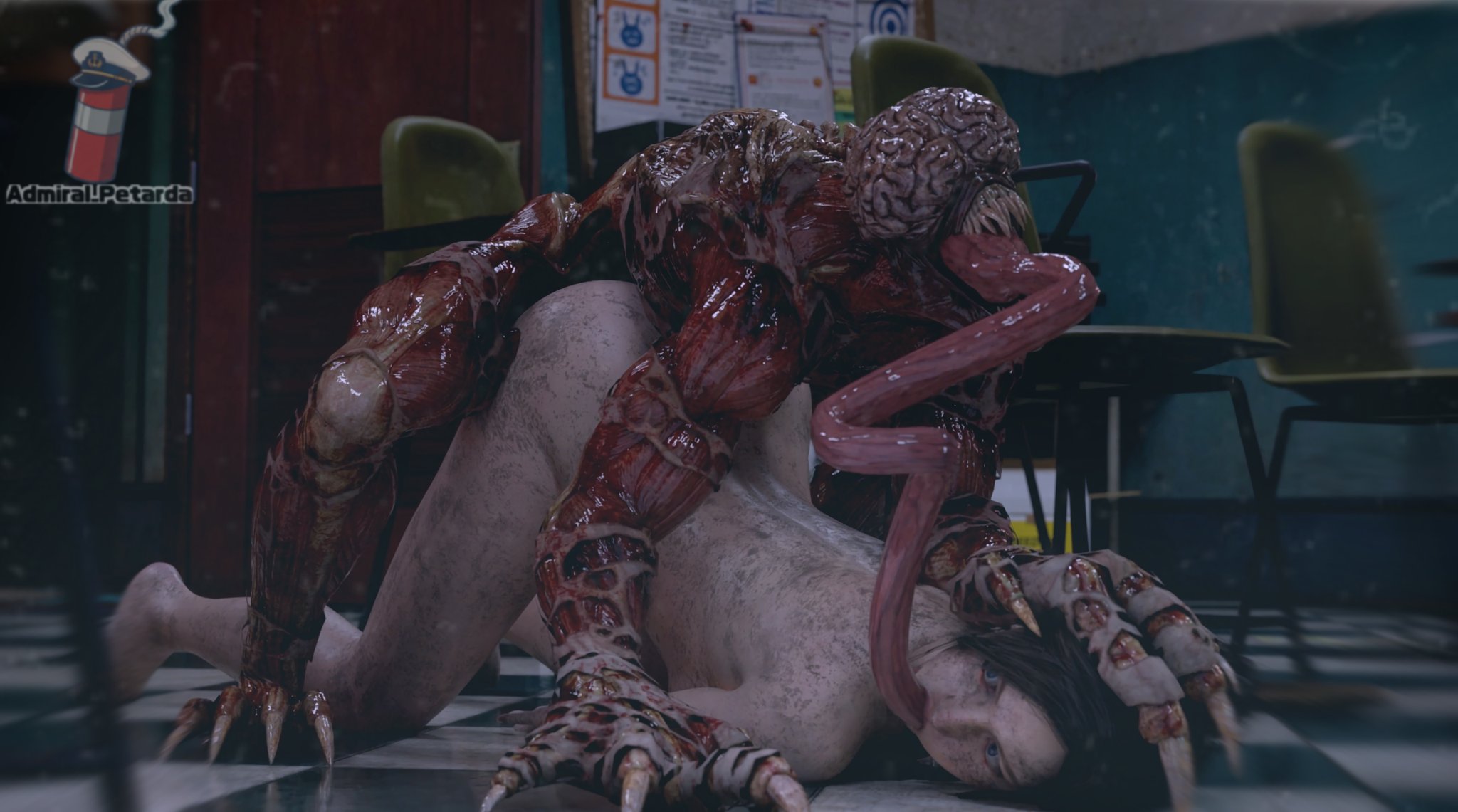 1girls, 1monster, 3d, adm petarda, ass up, blender, claire redfield, defeated heroine, dirty, dirty feet, doggy style, extreme french kiss, female, from behind, helpless female, interspecies, licker (resident evil), long tongue, monster, monster on female, mounting, open mouth, penetration, rape, raped by monster, resident evil, resident evil 2, rough sex, shocked, slut, spread legs, submissive female, sweating, teratophilia, tongue in mouth, tongue out, vaginal penetration
