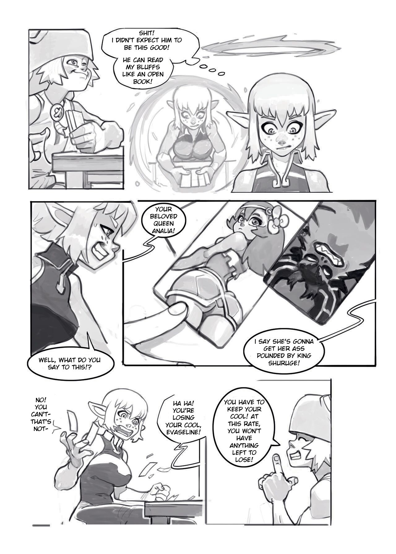 age difference, amalia, ankama, cheat, cheating, clueless female, cra, elf, elf ears, elf female, eliatrope, english text, evangelyne, female, humiliation, jjfrenchie, joel jurion, losing, losing bet, monochrome, naughty smile, open mouth, portal, smiling at partner, speech bubble, strip poker, text, text bubble, thought bubble, wakfu, yugo