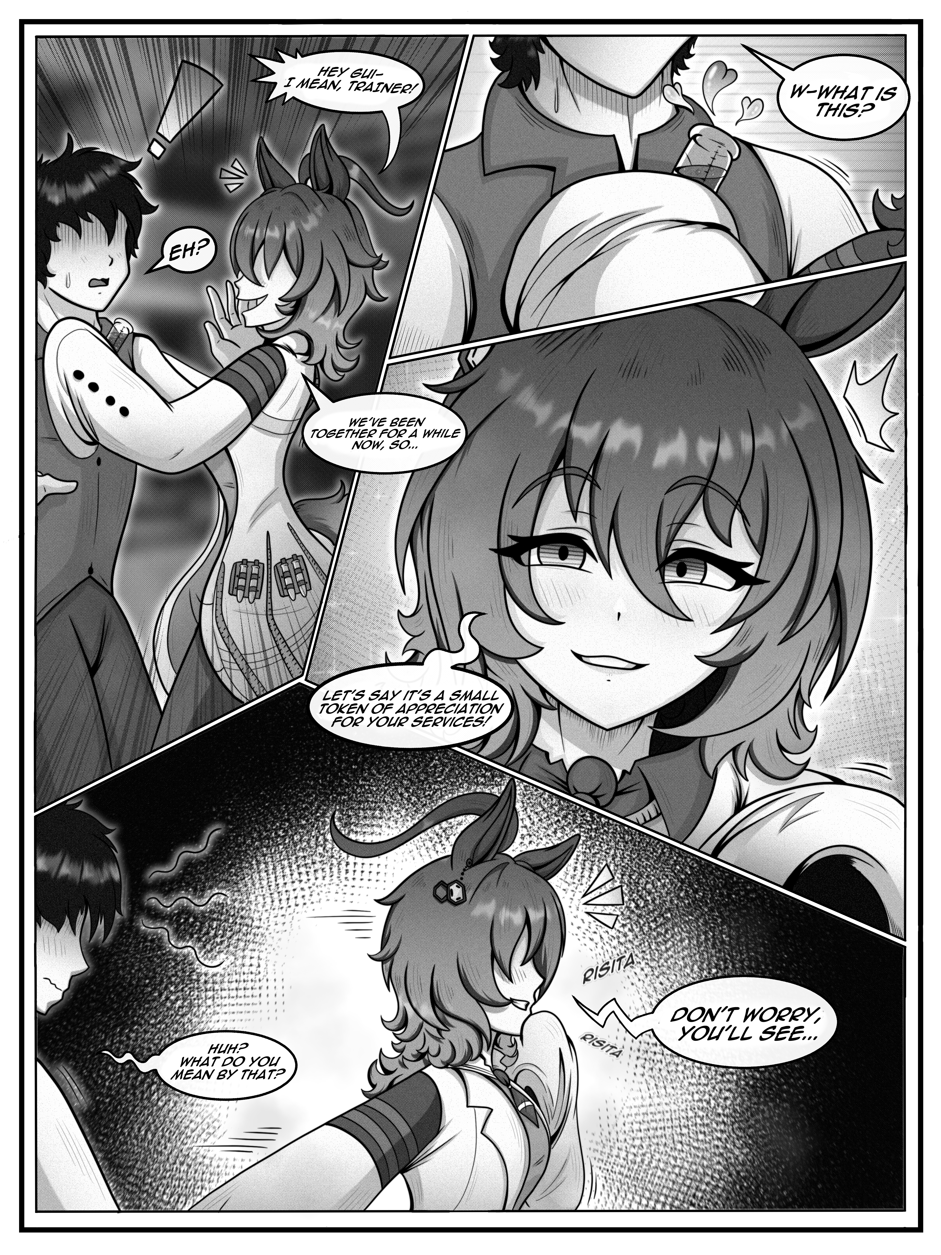 1boy, 1girls, agnes tachyon (umamusume), anime, anime coloring, anime girl, anime style, animedrawing, comic, comic page, elcracked656, english dialogue, english text, female, greyscale, male, monochrome, panels, speech bubble, trainer, trainer (umamusume), umamusume, umamusume pretty derby