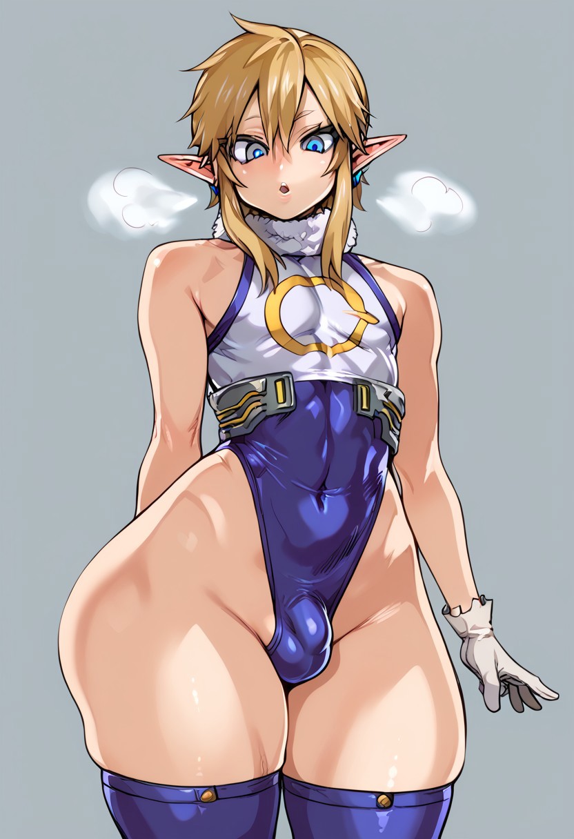 1boy, 1femboy, ai generated, alternate version available, ass, big ass, blonde hair, blue eyes, blue legwear, blush, bulge, bunny ears, cosplay, crossdressing, crossplay, dankyl, femboy, feminine male, girly, highleg leotard, hourglass figure, huge ass, legwear, leotard, link, male, miruko (cosplay), my hero academia, pointy ears, rabbit ears, standing, steamy breath, the legend of zelda, thick thighs, thighs, trap, wide hips