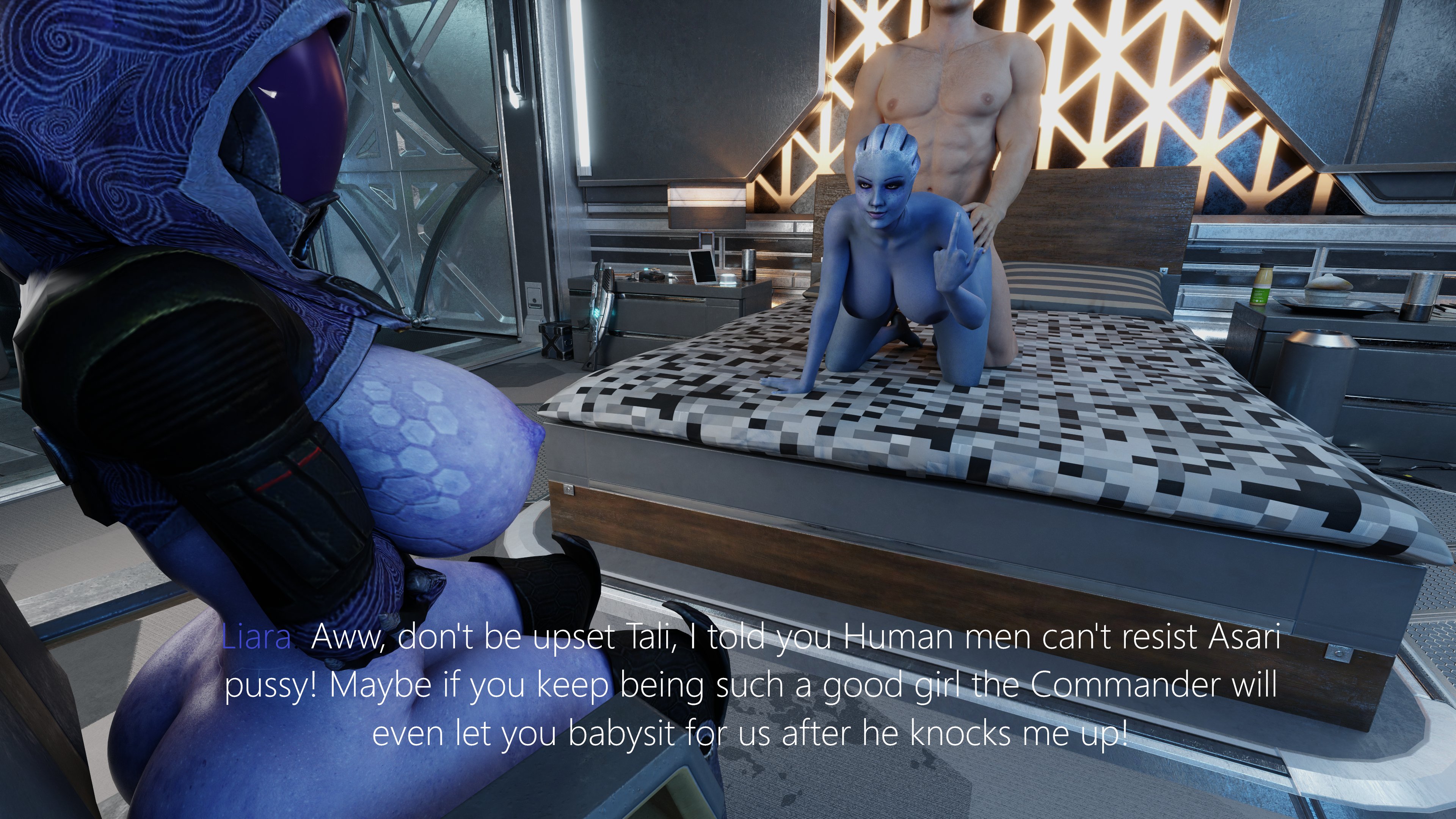1boy, 2girls, 3d, asari, athletic female, blender, blue skin, breasts, cuck chair, cuckquean, doggy style, female, from behind, glowing eyes, human, human is better, human penetrating, humaned, humiliated, humiliation, imminent impregnation, liara t'soni, light-skinned male, male, mask, masked, masked female, mass effect, massive breasts, plvgueart, quarian, sad, smug, tali'zorah nar rayya, text, watching