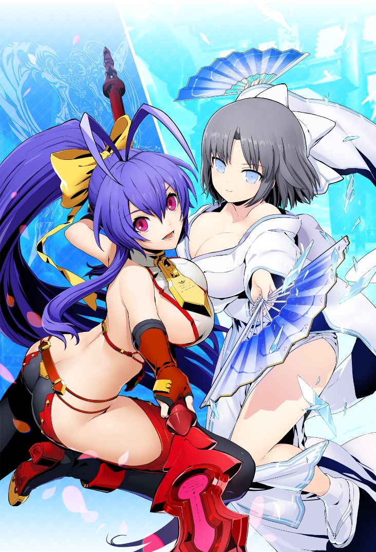 2girls, antenna hair, arc system works, asian female, ass, backless outfit, bare shoulders, blazblue, blazblue: cross tag battle, blue eyes, breasts, butt crack, canon genderswap, cleavage, crossover, curvy, fan, female, fighting game, grey hair, higuchi konomi, huge breasts, kimono, long hair, looking at viewer, mai natsume, marvelous, multiple females, multiple girls, no bra, official art, pink eyes, polearm, ponytail, purple hair, revealing clothes, senran kagura, short hair, sideboob, smile, spear, thighs, weapon, yumi (senran kagura)