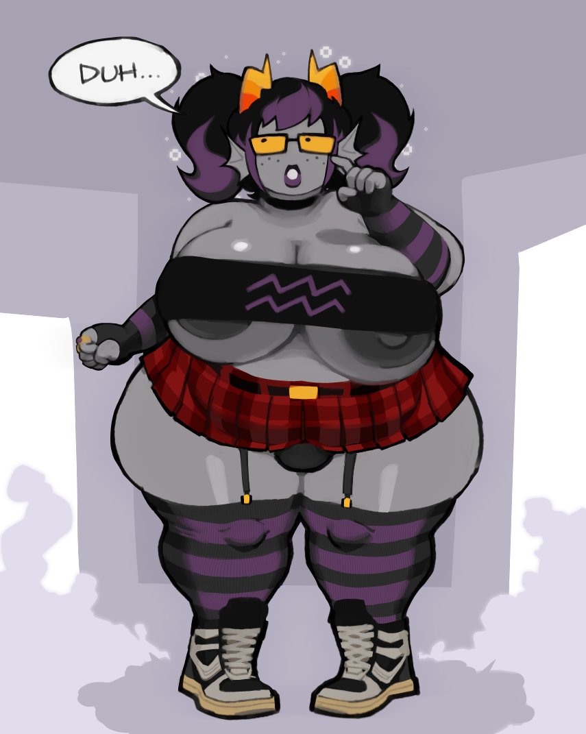 2025, balls, big ass, big breasts, big thighs, bimbo, bimbofication, boobies bigger than head, breasts, breasts bigger than head, breasts visible through clothing, bulge, bulge through clothing, bulge under clothes, eridan ampora, futanari, genderswap (mtf), glasses, grey background, grey body, homestuck, homestuck troll, huge ass, huge balls, huge breasts, intersex, large breasts, lipstick, long socks, march eridan, nipples visible through clothing, purple lipstick, rick owens, rule 63, s squant, skirt, tagme, thick thighs, thighs, twintails, twitter username