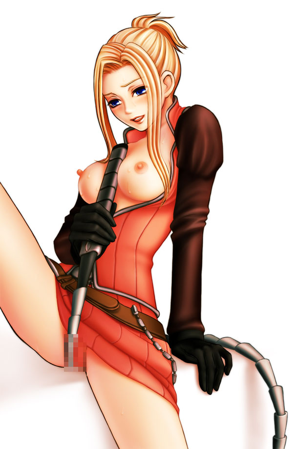 blonde_hair blue_eyes breasts breasts_out censored female female_only final_fantasy final_fantasy_viii gloves hair hair_up human long_hair nipples no_panties quistis_trepe skirt solo suhara_(protea) whip