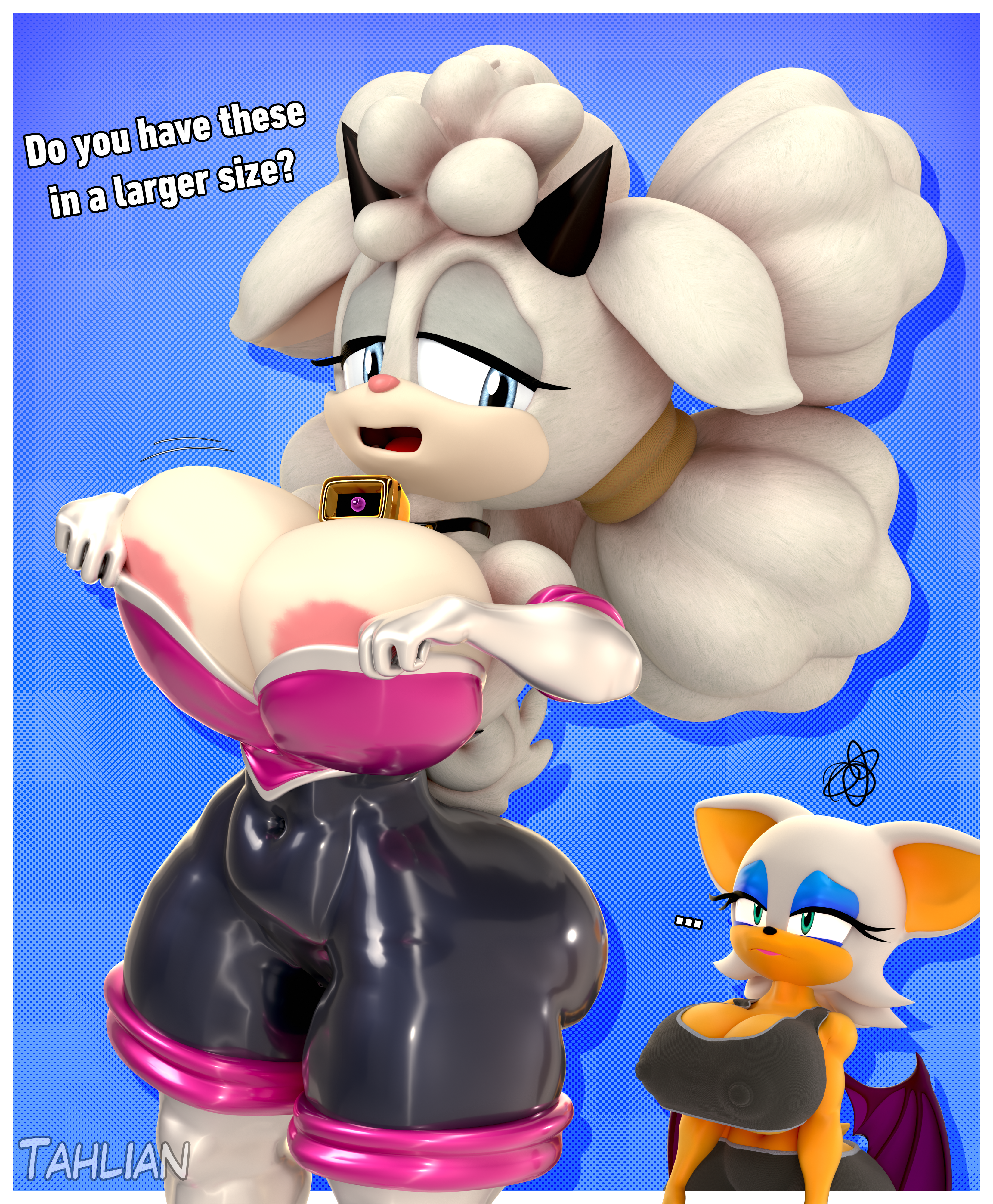 2girls, 3d, 3d (artwork), 3d model, anthro, ass, bat wings, bell, bell collar, belt, big ass, big breasts, black hair, breast envy, breasts, busty, clothed, cowbell, feline, female, female only, fluffy, fluffy hair, furry, furry only, gloves, high heel boots, huge breasts, idw comics, idw publishing, inconvenient breasts, kabalmystic, kabalmystic (style), lanolin the sheep, large breasts, latex, mobian, mobian (species), mobian bat, mobian sheep, rouge the bat, rouge the bat (cosplay), rouge the bat (kabalmystic), sega, sheep, sheep girl, sonic (series), sonic adventure 2, sonic the hedgehog (comics), sonic the hedgehog (idw), sonic the hedgehog (series), tahlian, white fur, white hair, white high heels boots