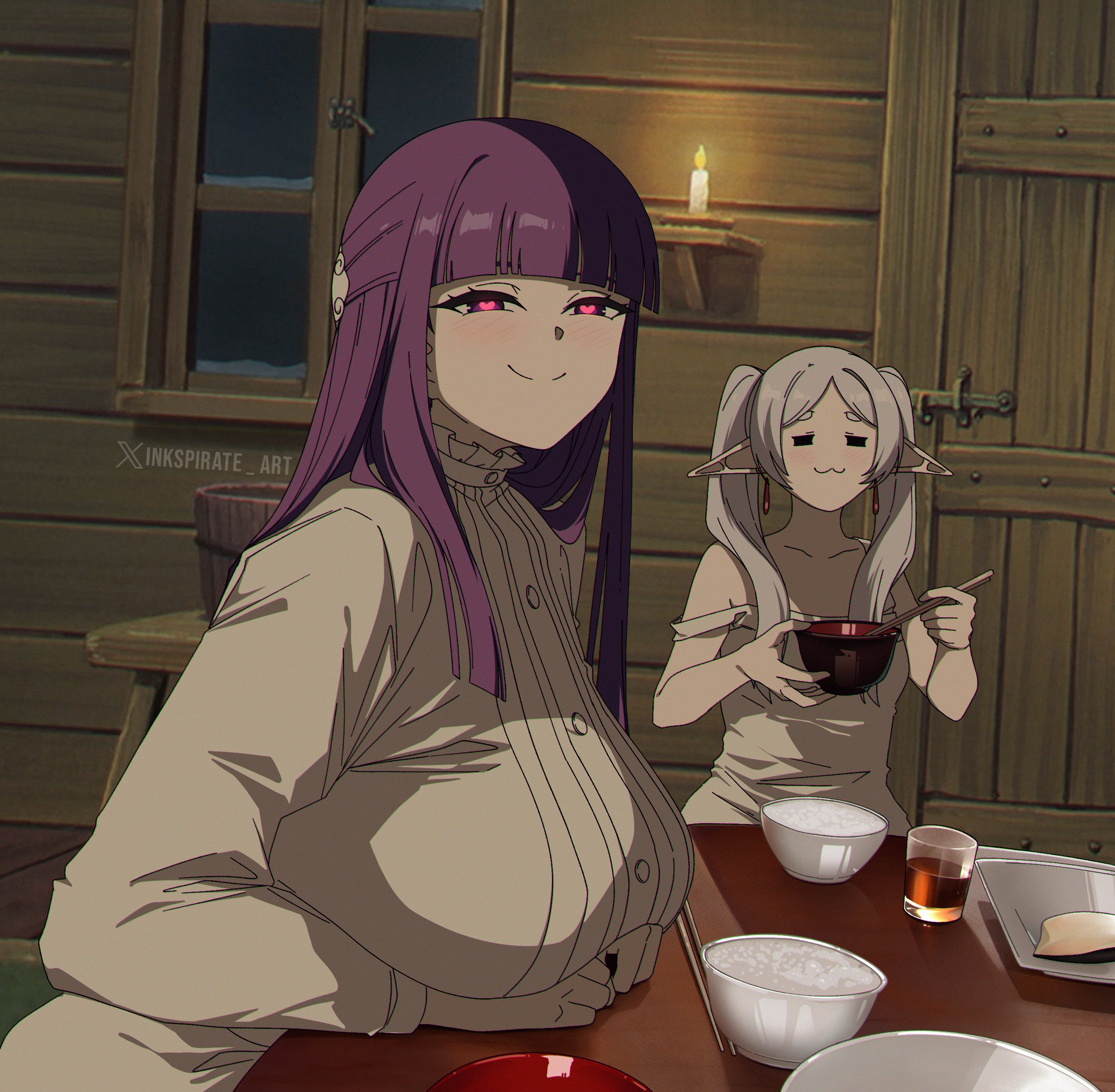 bedroom eyes, blush, blushing, clothed, clothed female, eating, elf, elf ears, female, fern (sousou no frieren), frieren, heart, heart-shaped pupils, inkspirate, long hair, multiple females, multiple girls, purple hair, sousou no frieren, symbol-shaped pupils, twintails, white hair