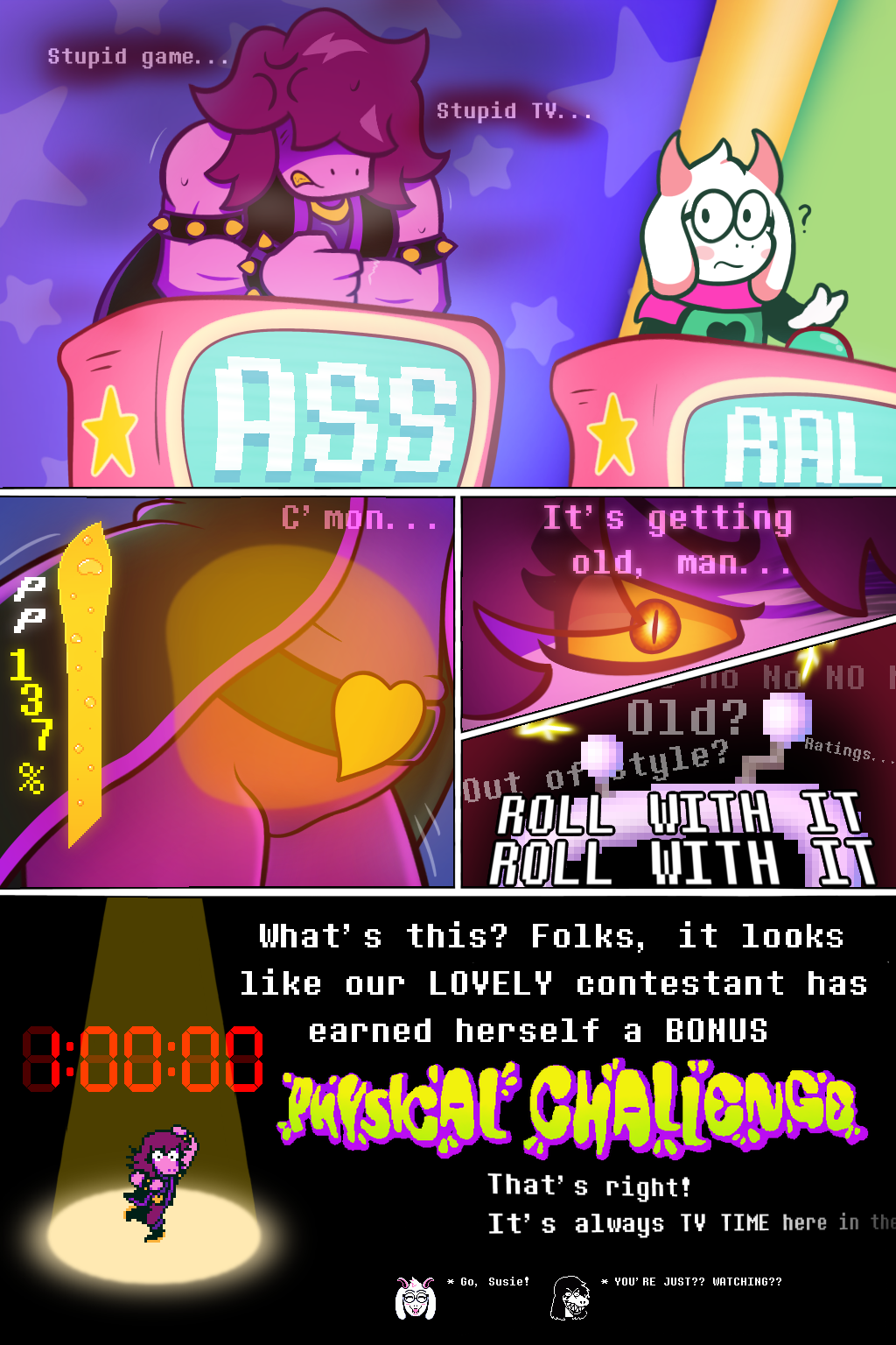 2:3 anthro bathroom_denial bladder_bulge bodily_fluids bovid bracelet caprine clenched_teeth clothed clothing comic cross-popping_vein deltarune dialogue electronics english_text female fist for_a_head gameplay_mechanics genital_fluids goat group hi_res internal jewelry louasis male mammal motion_lines object_head omorashi percentage ralsei scalie screen screen_face screen_head spoiler spotlight sprite studded_armlet studded_bracelet studded_jewelry studs susie_(deltarune) sweat teeth television tenna_(deltarune) text thoughts trio tv_head undertale_(series) urine urine_meter