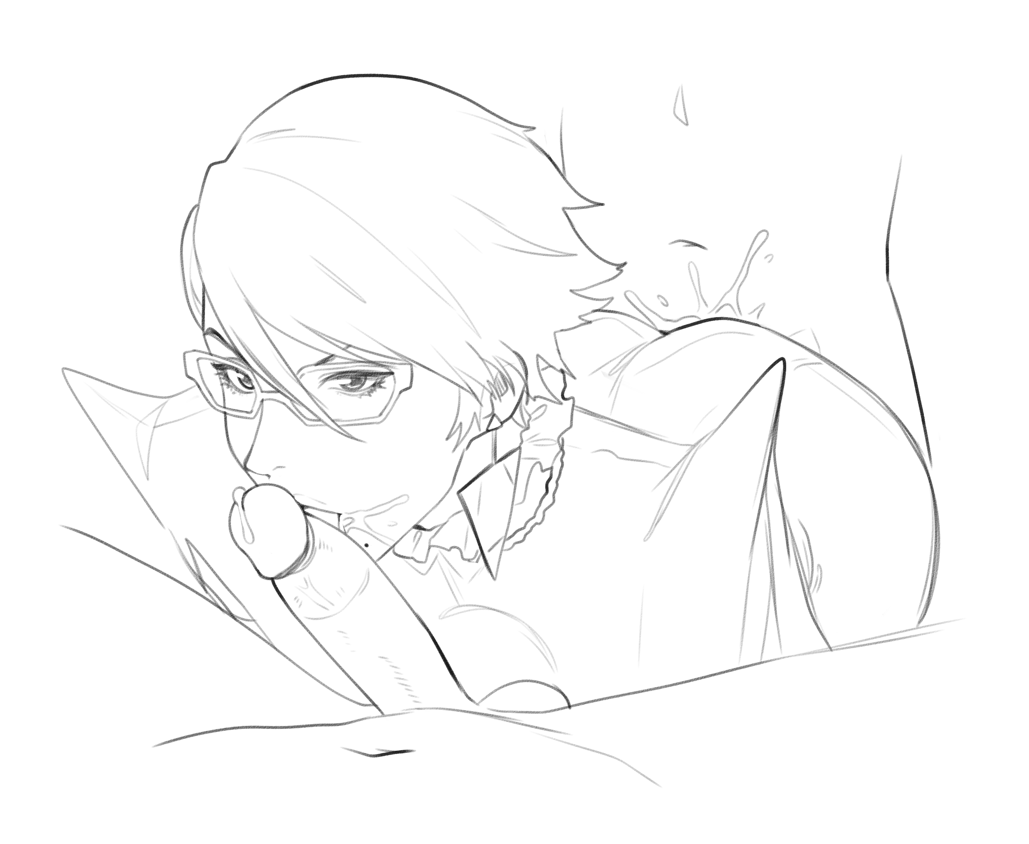 1girl2boys, 2boys1girl, bayonetta, bayonetta (character), bayonetta 2, blowjob, cum, cum in ass, cum in mouth, earings, female, glasses, male, milf, tagme, thernz