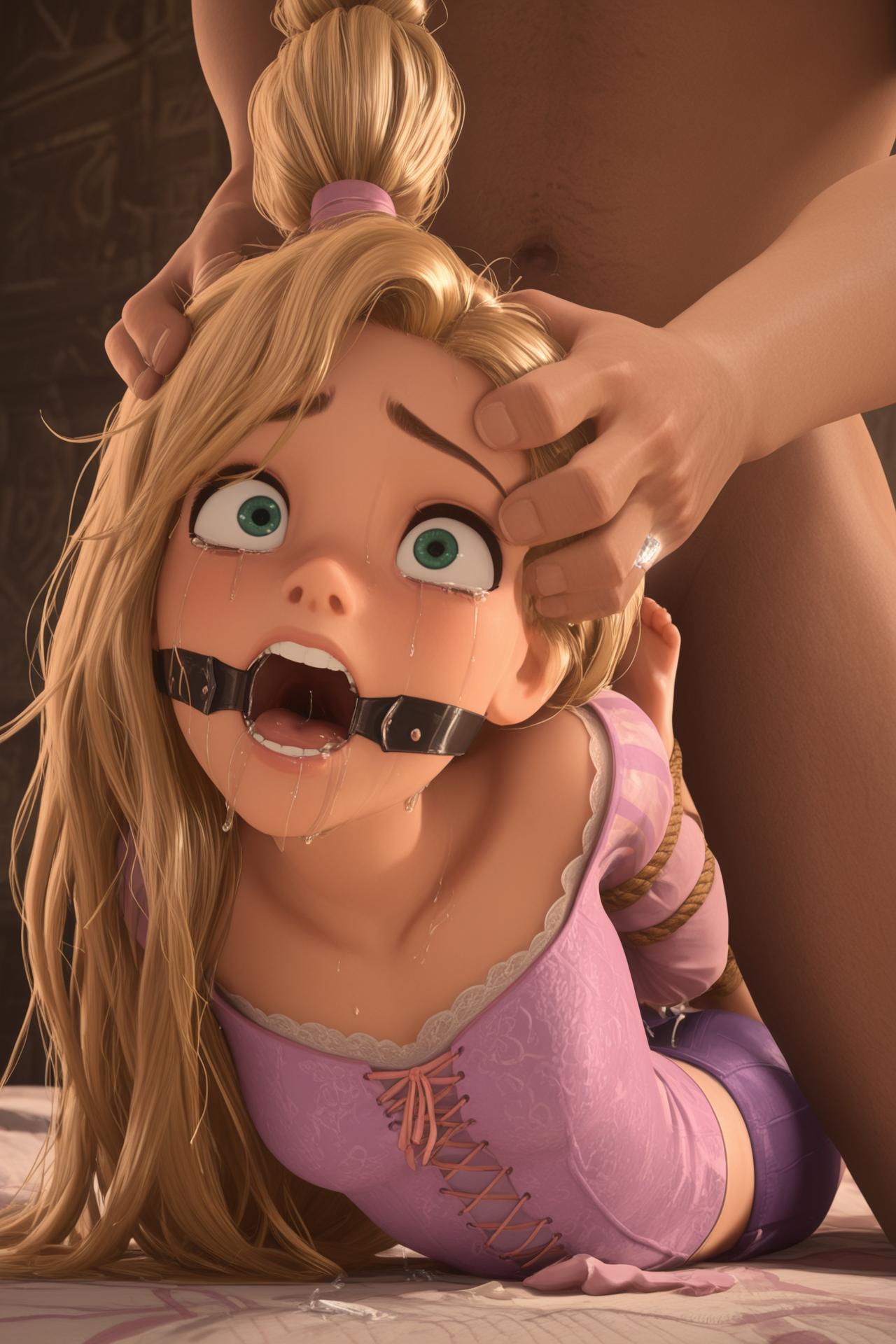 ai generated, arms behind back, blonde hair, bondage, bound, captured, crying, crying with eyes open, disney, disney princess, drooling, female, gag, gagged, green eyes, head grab, hogtie, holding head, imminent oral, male, panicking, rapunzel (tangled), ring gag, scared, tangled, tears