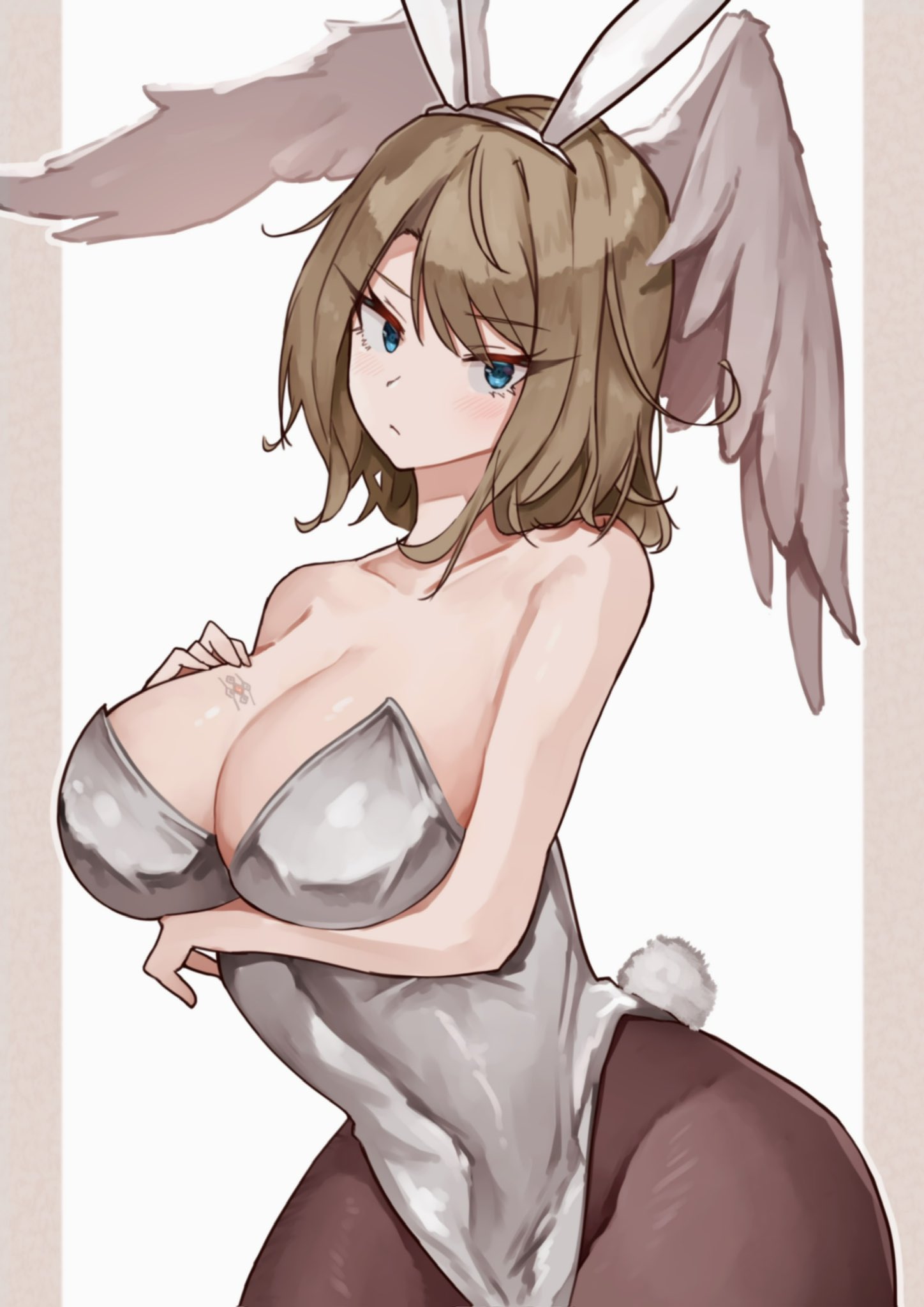 1girls, blue eyes, breasts, brown hair, bunny ears, bunny tail, bunnysuit, eunie (xenoblade), female, hand on breast, high entia, hourglass figure, large breasts, looking at viewer, oniisan02b, shiorino mani (artist), white bunnysuit, wide hips, wings on head, xenoblade (series), xenoblade chronicles 3, yotsuhauni