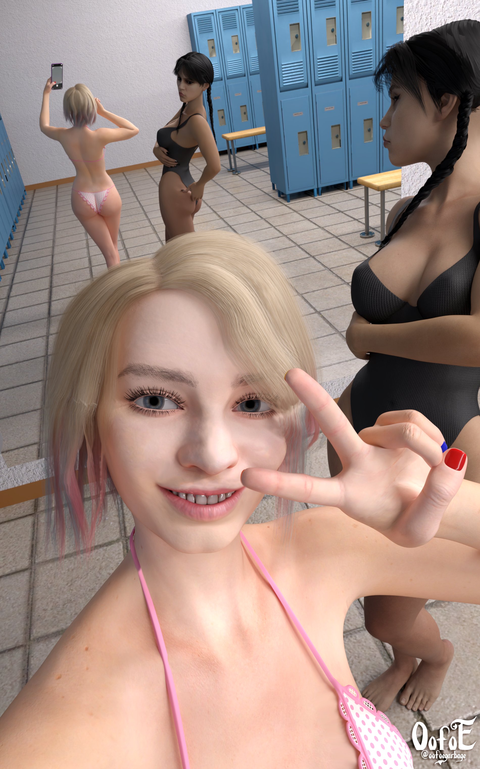 2girls, 3d, 3d (artwork), 3d render, ass, ass grab, bikini, black hair, blonde hair, blue hair, braid, braided hair, braided twintails, braids, bubble butt, busty, daz, daz studio, dyed hair, dyed-hair, emma myers, enid sinclair, female, female focus, female only, grabbing own ass, hourglass figure, jenna ortega, latina, mirror, mirror reflection, mirror selfie, oofoe, painted nails, peace sign, pinching ass, pink hair, selfie, short hair, smiling, smiling at viewer, taking picture, teenage female, teenager, the addams family, three-tone hair, wednesday (netflix), wednesday addams, weight conscious, wide hips, worried, worried expression