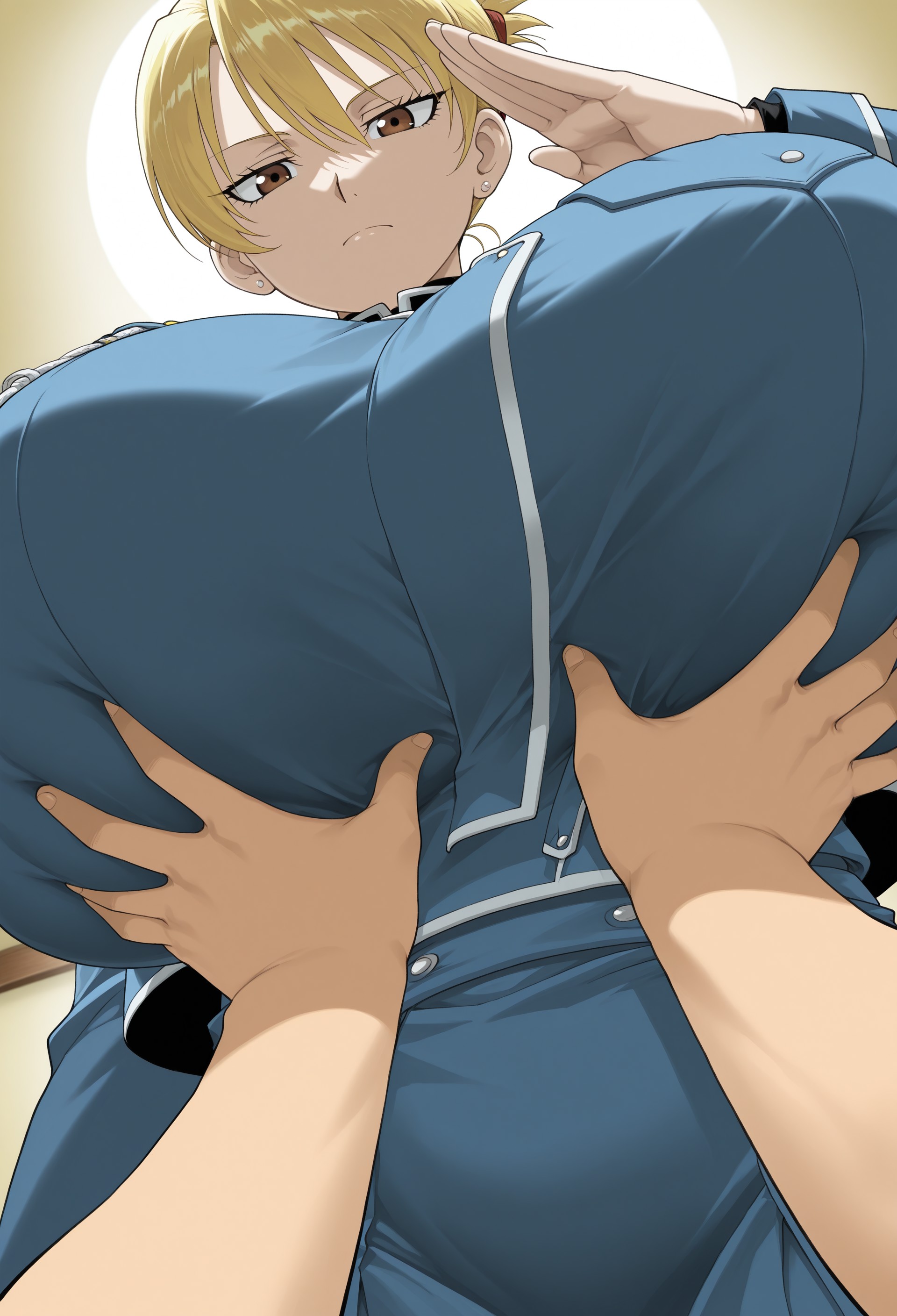 1boy, 1boy1girl, 1girls, absurd res, ai generated, blonde female, blonde hair, breasts, breasts bigger than head, brown eyes, clothed female, clothed male, female, firm breasts, folded ponytail, fullmetal alchemist, fullmetal alchemist brotherhood, giantess, gigantic breasts, grabbing, grabbing another's breast, grabbing breasts, groping, groping breasts, height difference, large breasts, large female, looking at another, looking at viewer, looking down, male, mini giantess, playful, riza hawkeye, salute, size difference, size fetish, smaller male, taller female