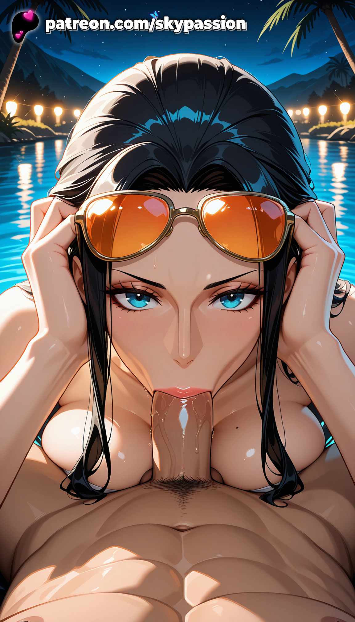 :>=, 1boy, 1girls, 2025, ai assisted, ai generated, anime, artist name, beach, big penis, black hair, black-framed eyewear, blowjob, blowjob face, blue eyes, breasts, bust, chest, cock, dark skin, dick, explicit, eyelashes, eyeliner, eyeshadow, eyewear on head, fellatio, female, fireworks, goggles, goggles on head, hand in hair, heart, hi res, high quality, high resolution, highres, interracial, licking, long hair, looking at viewer, makeup, male, nico robin, night, night sky, nude, ocean, one piece, oral, oral sex, outdoors, palm tree, patreon, patreon username, penis, pool, pov, sky, skypassion, solo focus, stable diffusion, star (sky), straight, sucking, sunglasses, tinted eyewear, tree, uncensored, water, watermark
