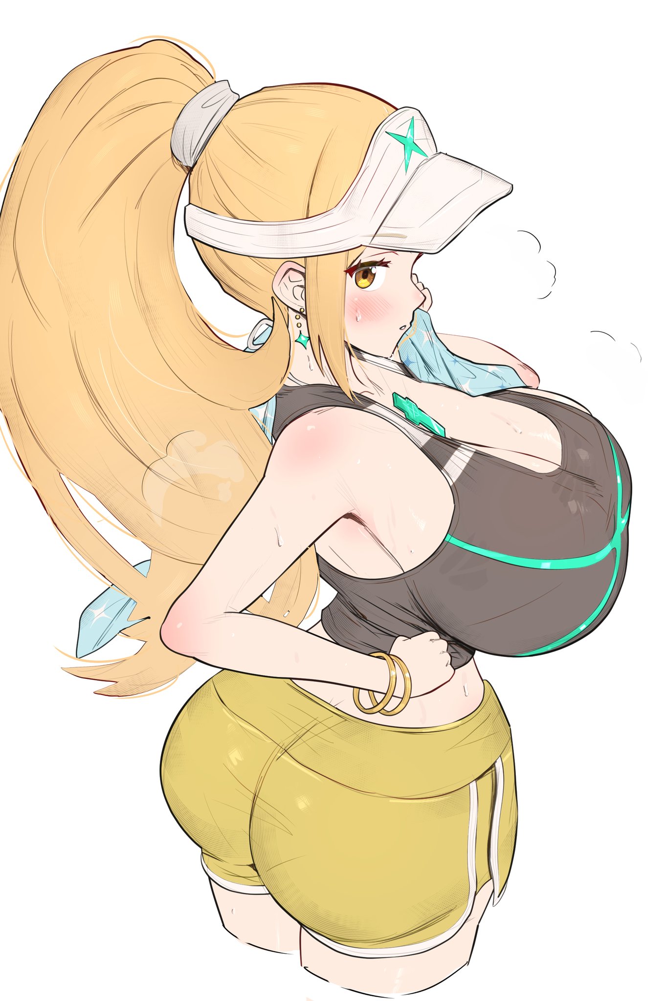 1girls, absurdres, ass, big ass, big breasts, blonde hair, breasts, breasts bigger than head, bubble butt, busty, butt, cleavage, core crystal, curvy, fat ass, female, female only, gonzarez, gym clothes, highres, long hair, monolithsoft, mythra, nintendo, ponytail, sweat, sweating, sweating profusely, sweaty ass, very long hair, voluptuous, workout clothes, xenoblade (series), xenoblade chronicles 2