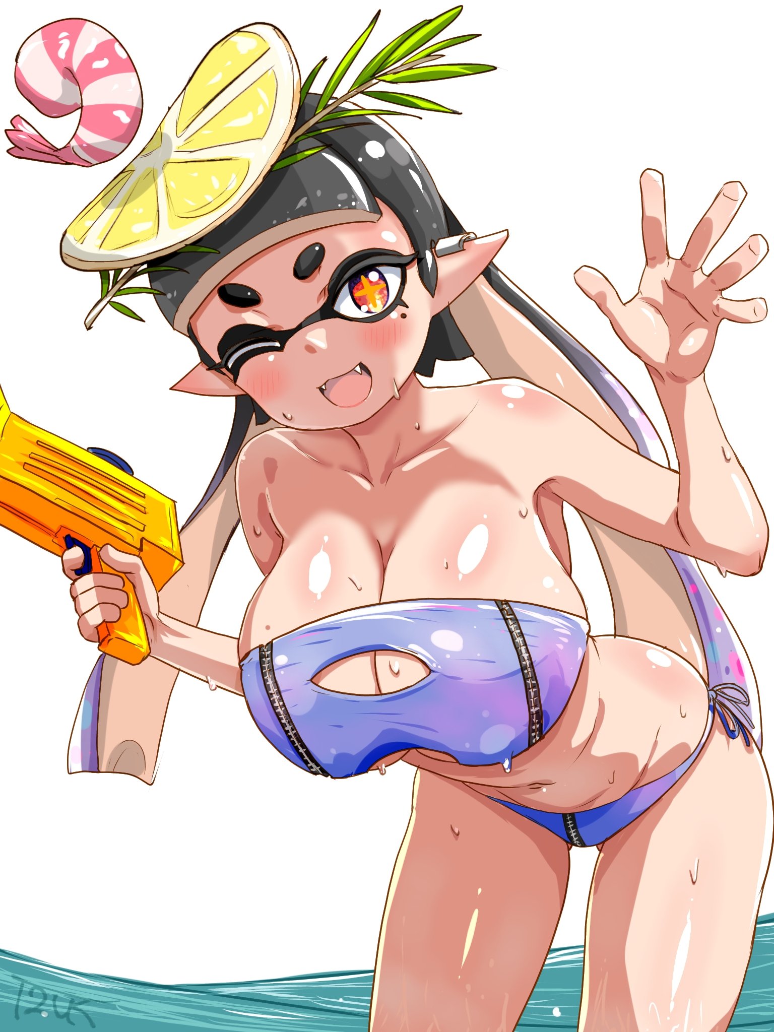 big breasts, breasts, callie (splatoon), callie (summer nights), cleavage, cleavage cutout, female, huge breasts, large breasts, looking at viewer, mole, nintendo, one eye closed, open mouth, shiny skin, shooter (splatoon), side-tie bikini, splatfest, splatoon, splatoon (series), splatoon 3, splattershot jr., summer nights splatfest, t2ukmyjm, tentacle hair, thick thighs, thighs, weapon, wet, wink, winking at viewer