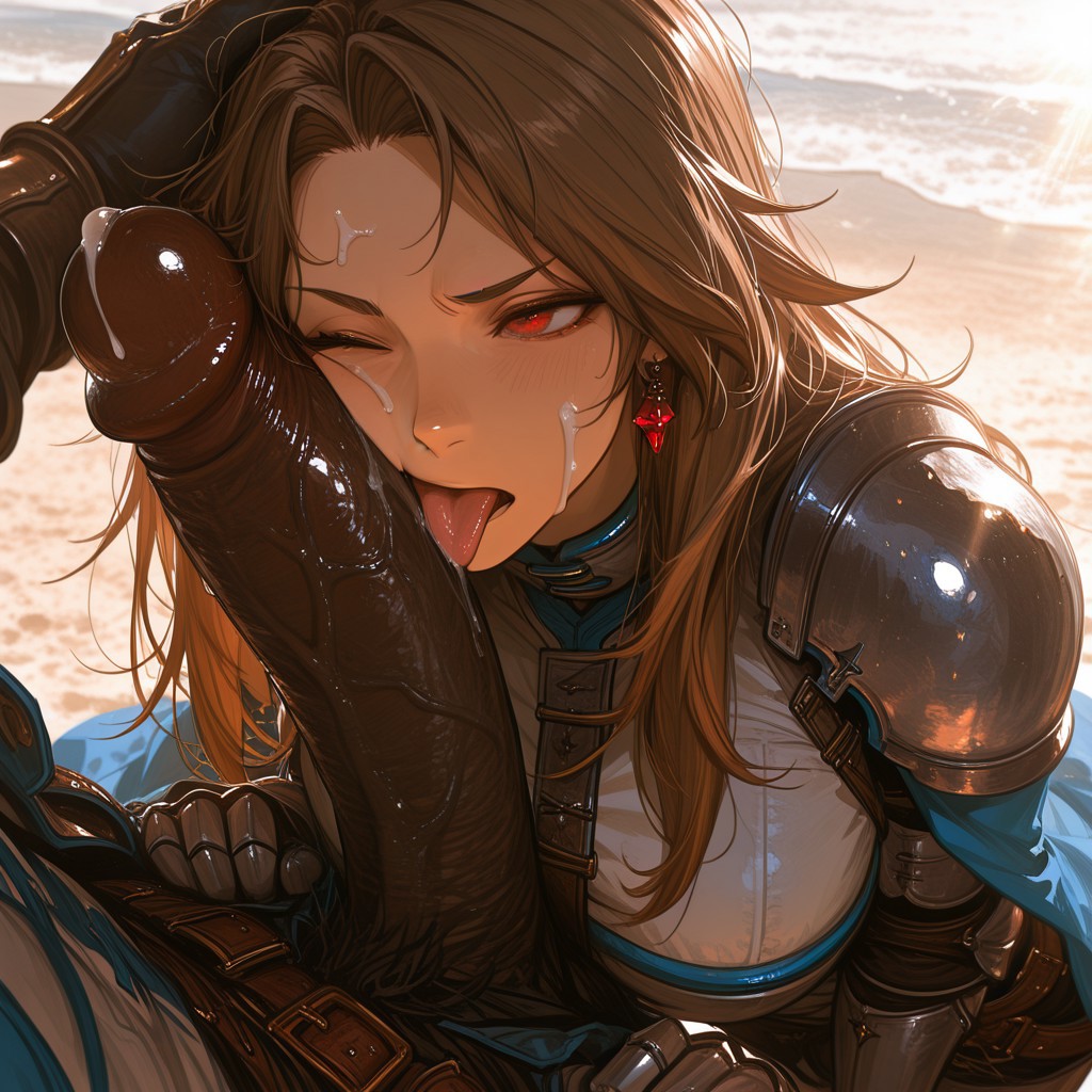 1boy, 1girls, ai generated, armor, beach, cock worship, dark-skinned male, female, granblue fantasy, interracial, katalina (granblue fantasy), katalina aryze, large penis, male, outdoors, penis, penis awe, penis on face, precum, red eyes, self upload, sunlight, tagme, tongue, tongue out