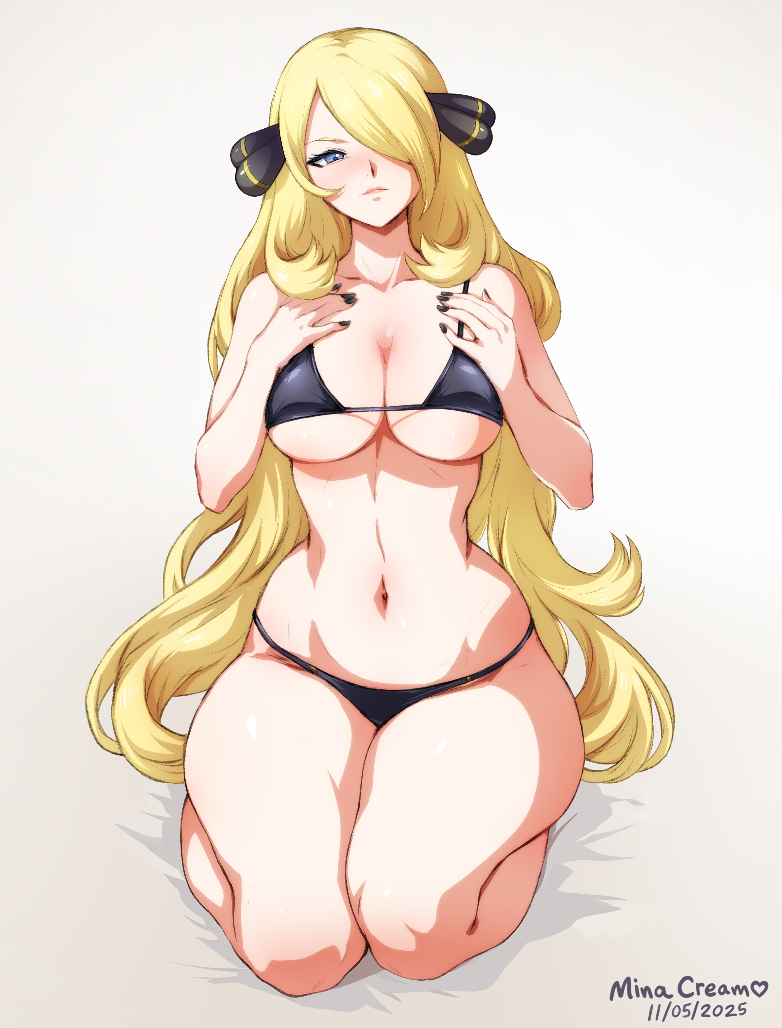 1girls, big breasts, bikini, bikini bottom, bikini top, blonde hair, blue eyes, cynthia (pokemon), hair ornament, hourglass figure, huge breasts, long hair, looking at viewer, minacream, nail polish, navel, pokemon, pokemon dppt, sitting, sitting on bed, thick, thick thighs, thighs