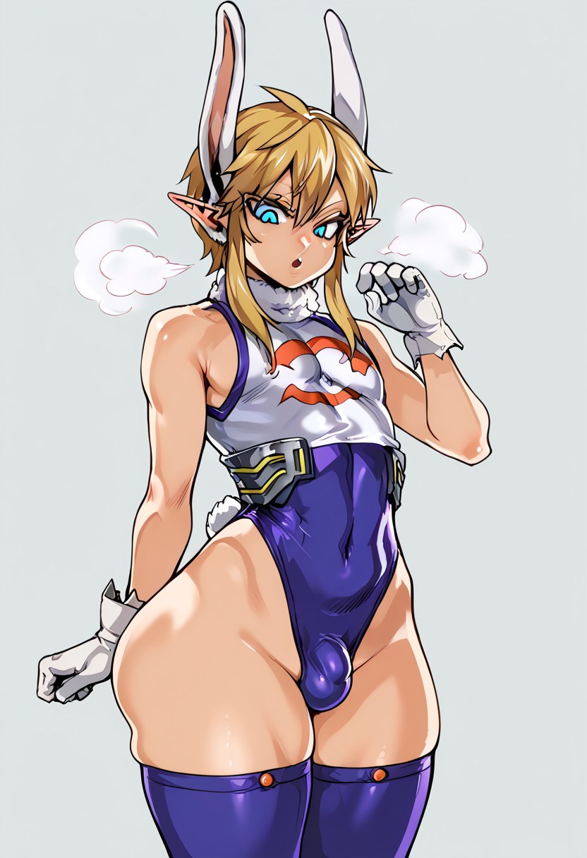 1boy, 1femboy, ai generated, alternate version available, ass, big ass, blonde hair, blue eyes, blue legwear, blush, bulge, bunny ears, cosplay, crossdressing, crossplay, dankyl, femboy, feminine male, girly, highleg leotard, hourglass figure, huge ass, legwear, leotard, link, male, miruko (cosplay), my hero academia, open mouth, pointy ears, rabbit ears, standing, steamy breath, the legend of zelda, thick thighs, thighs, trap, wide hips