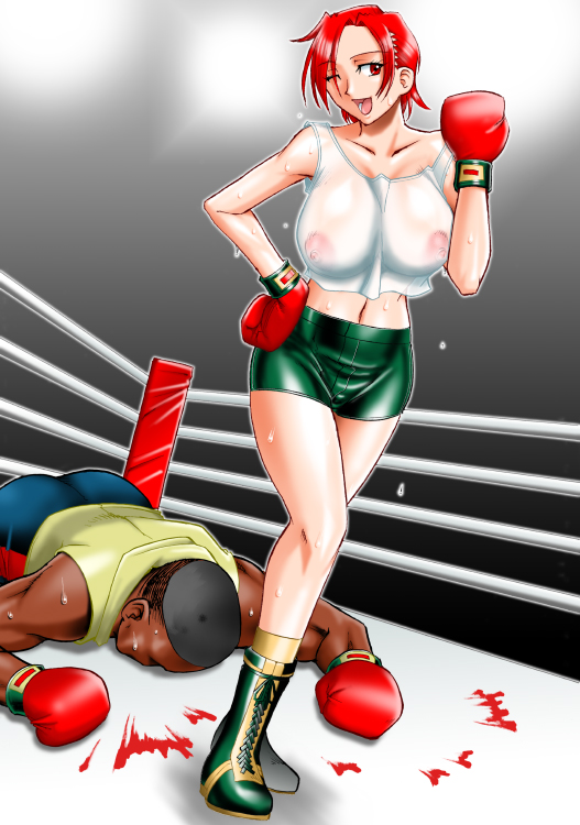 1boy 1girls after_fight arena artist_request bb black_hair blood boxing boxing_gloves boxing_ring boxing_shoes breasts breasts_visible_through_clothing dark-skinned_male dark_skin defeated eyebrows_visible_through_hair eyes_visible_through_hair fatal_fury female female_domination female_focus femdom fighting_ring gloves green_shorts hot_pants human human_only king_of_fighters knocked_out large_breasts light-skinned_female light_skin male male_defeated male_downed michael_max midriff mixed_boxing nipples nipples_visible_through_clothing open_mouth red_boxing_gloves red_eyes red_gloves red_hair see-through shoes short_hair shorts skin_tight snk tank_top thick_thighs thighs vanessa_(kof) wide_hips