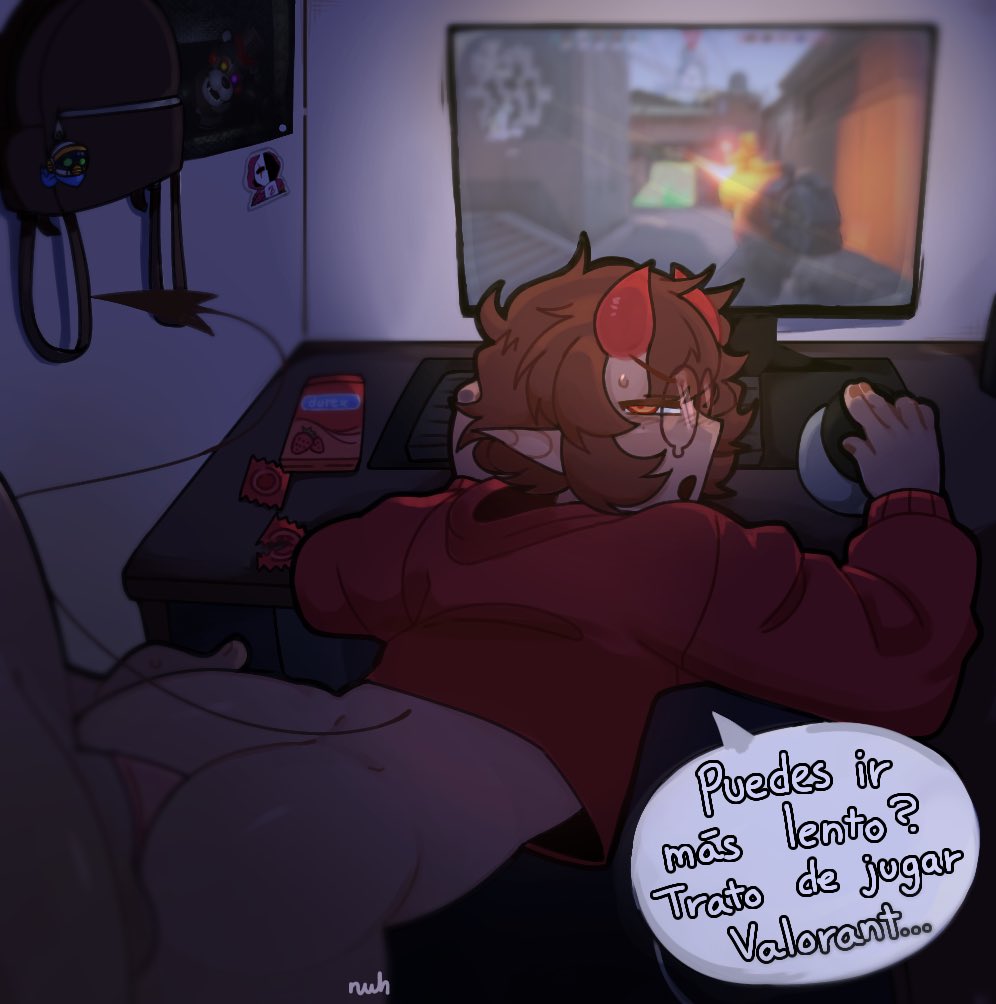 anal sex, ass up, brown hair, brown skin, condom, condoms, demon (uh demon), demon tail, femboy, femboy focus, femboy penetrated, glasses, looking at viewer, looking back, male, male on femboy, no pants, playing videogame, red hoodie, red horns, spanish dialogue, spanish text, twitter link, uh demon, yellow eyes
