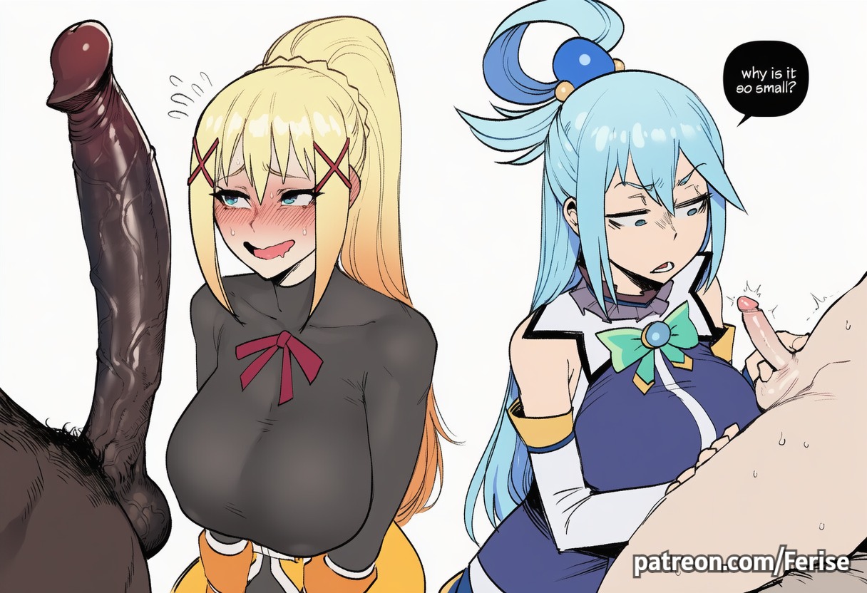 2boys, 2girls, ai generated, aqua (konosuba), balls, big balls, big breasts, big cock, big penis, big penis adoration, blonde hair, bra, breasts, cock, cock comparison, cock hungry, cock worship, dark skin, dark-skinned male, darkness (konosuba), disgusted, english, english text, enormous cock, erection, excited, excited female, excited for sex, female, ferise, huge balls, huge cock, huge testicles, imminent fellatio, imminent sex, interracial, juxtaposition, kono subarashii sekai ni shukufuku wo!, konosuba, large breasts, light skin, light-skinned female, light-skinned male, long penis, male, multiple boys, multiple girls, multiple males, penis, penis comparison, penis on head, penis over eyes, penis over face, penis size difference, pissed off, ready to fuck, shaded face, small penis, small penis humiliation, speech, speech bubble, sweat, sweaty, testicles, text