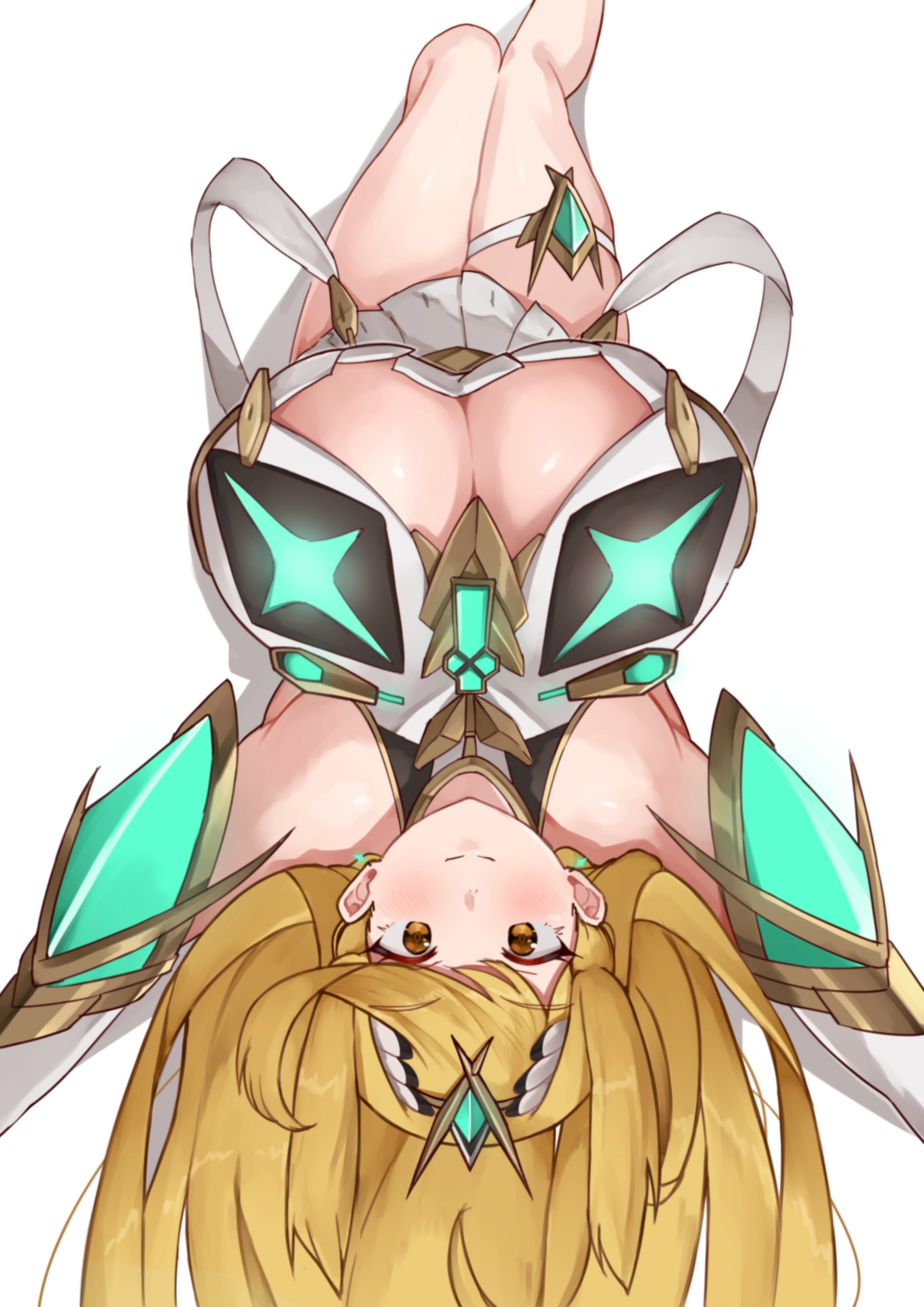 bare legs, breast window, breasts, core crystal, female, golden eyes, large breasts, looking at viewer, mythra, mythra (xenoblade), oniisan02b, shiorino mani (artist), smiling at viewer, upside-down, xenoblade (series), xenoblade chronicles 2, yellow hair, yotsuhauni