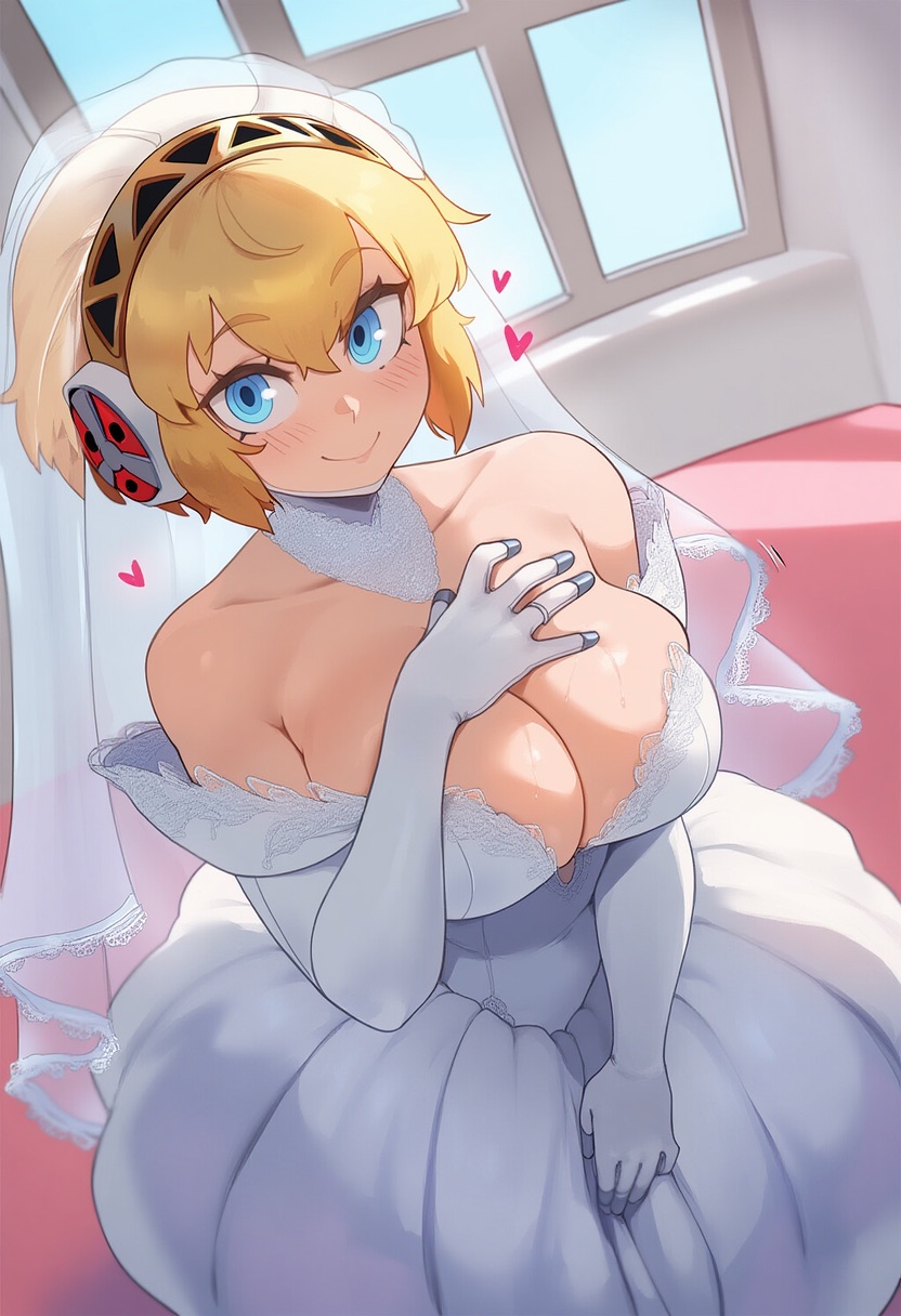 1girls, 777form777, aegis (persona), ai generated, aigis (persona), big breasts, blonde hair, blue eyes, blush, breasts, church, female, female only, heart, looking at viewer, makeup, persona, persona 3, sfw, simple background, solo, solo female, sweat, wedding dress, wedding veil