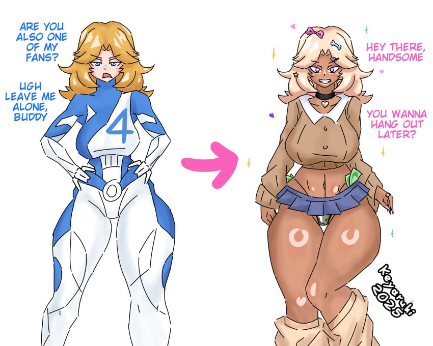 alternate costume, before and after, bimbofication, blonde hair, blue eyes, bodysuit, bra, brain drain, brainwashing, breasts, choker, earrings, english text, female, female only, femsub, glowing eyes, gyaru, gyaru gal, gyarufication, hair ornament, heart, hourglass figure, huge breasts, hypnosis, invisible woman, invisible woman (marvel rivals), keyaruki, large breasts, leopard print, long hair, long nails, makeup, marvel, marvel comics, marvel rivals, milf, mind control, money, nail polish, prostitution, school uniform, seductive smile, skirt, standing, sue storm, susan storm, tan skin, text, thick thighs, thong, tight clothing, transformation